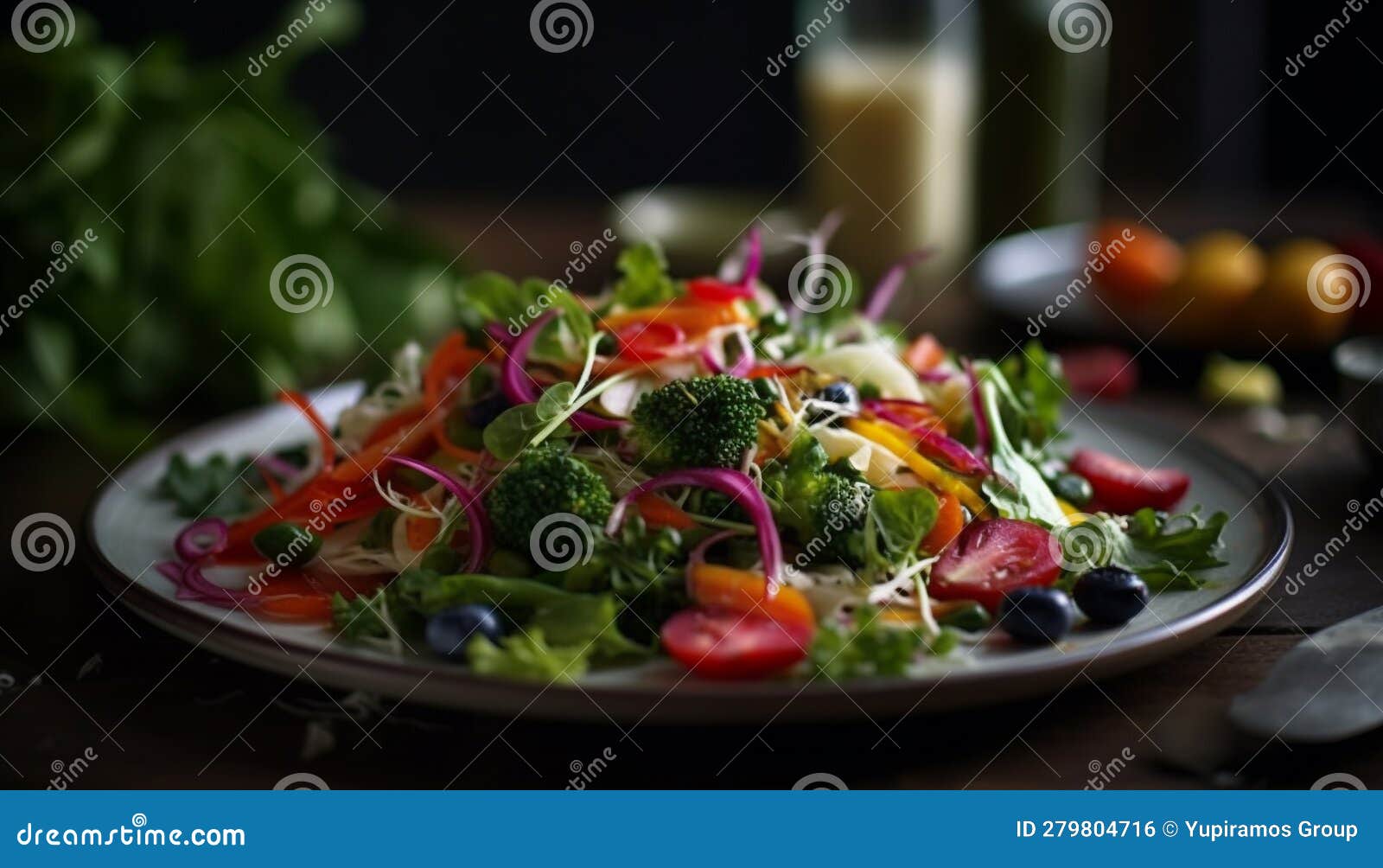 Healthy Salad with Fresh Vegetables and Olive Oil Dressing Generated by