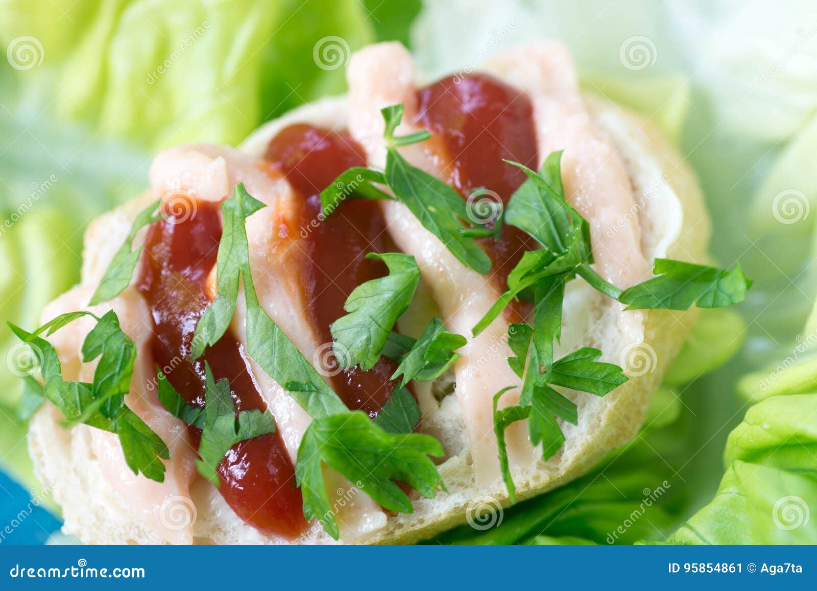 Healthy Small Open Sandwich with Ketchup and Fish Paste Selective Focus
