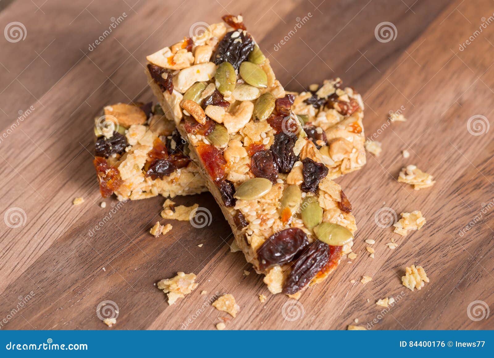 Healthy Snack, Cereal Granola Bars with Nuts and Dried Fruit. Stock