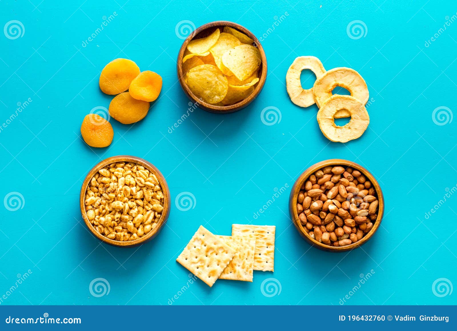 Healthy Snacks Overhead Nuts and Dried Fruits with Crackers Stock