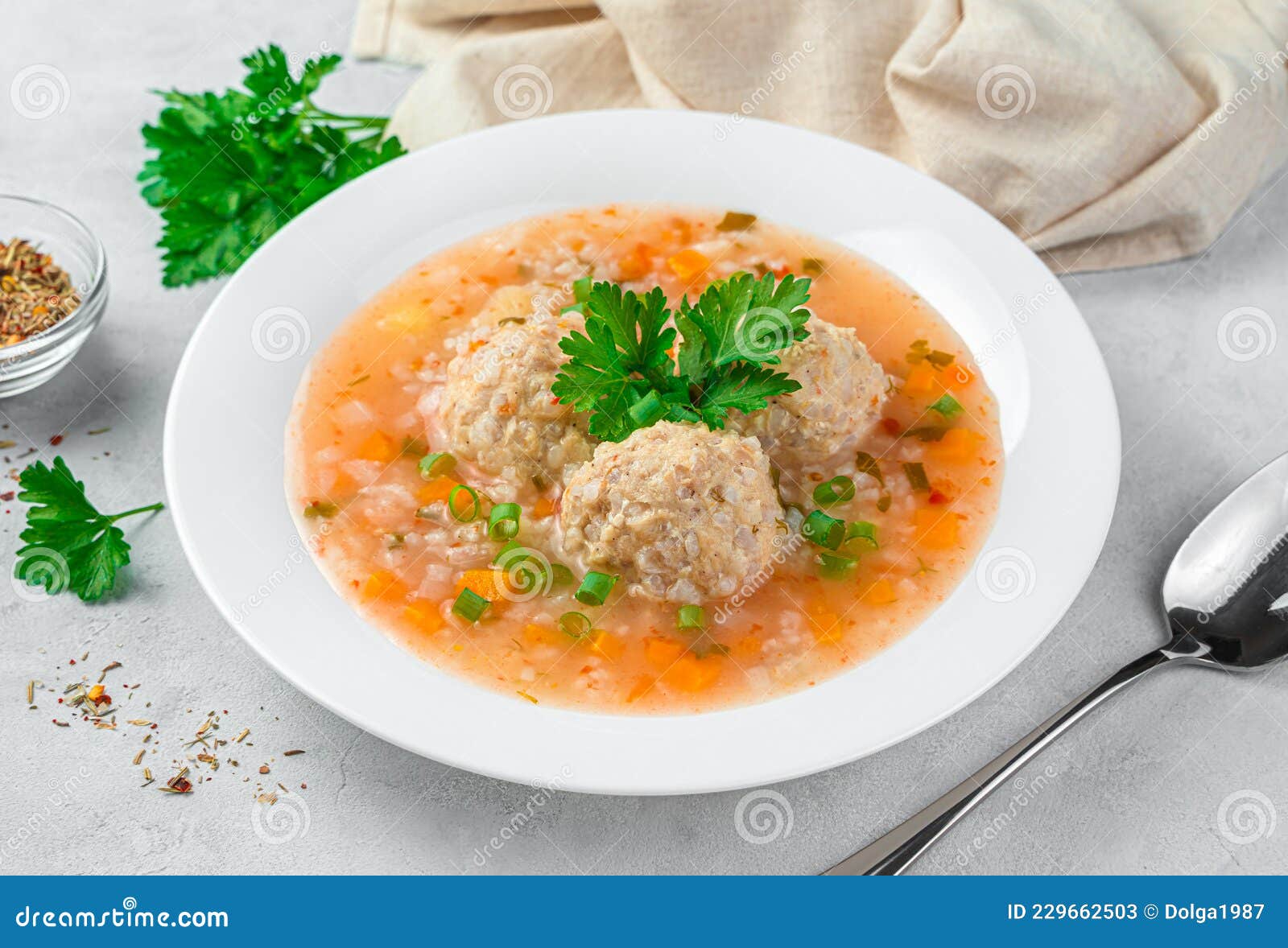 Healthy Soup with Turkey Meat Meatballs with Vegetables in a White