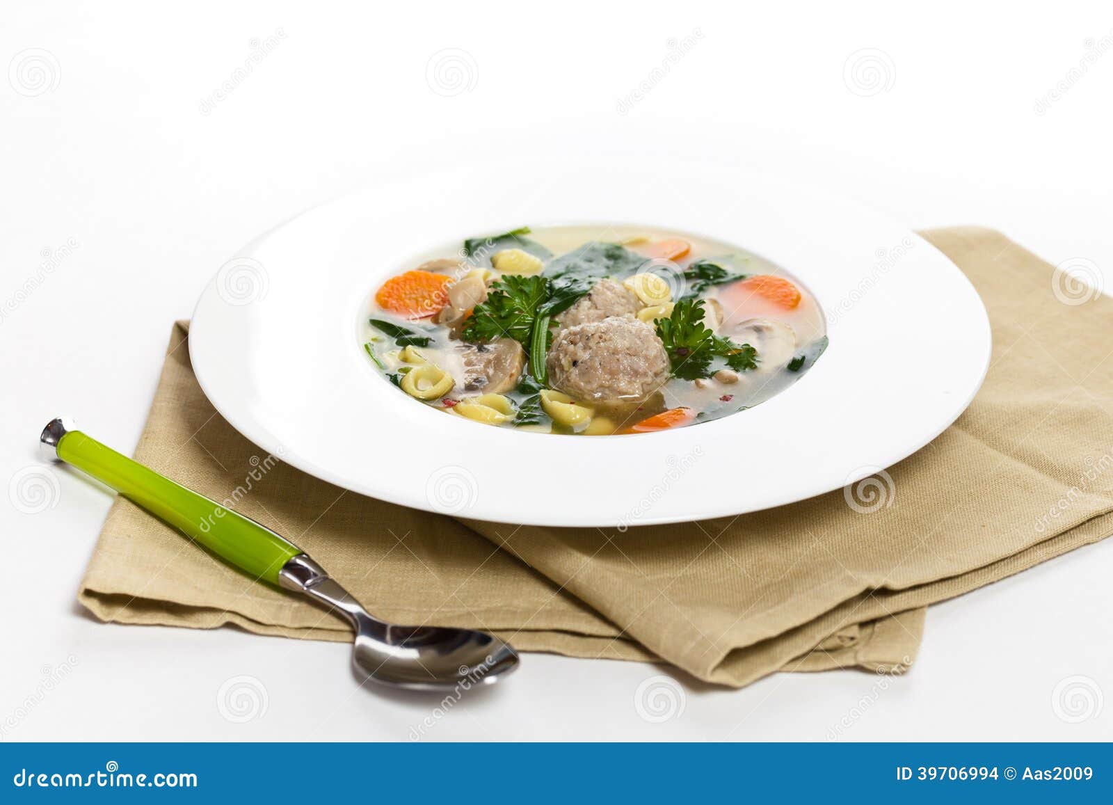 Healthy Spinach Soup with Meatball Soup Stock Photo - Image of ...