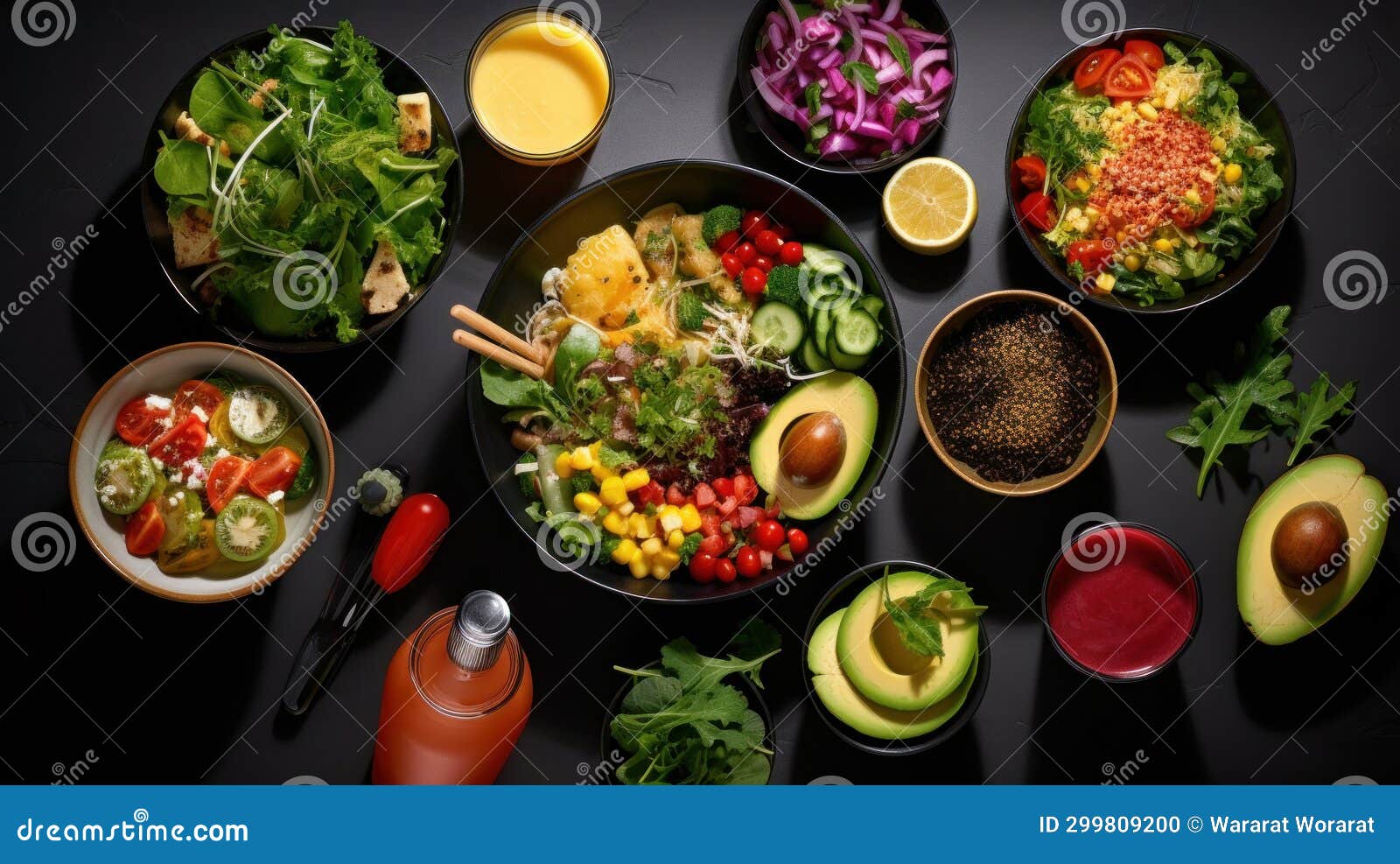 healthy take away food and drinks, fresh salad, soup, poke bowl, fruits, coffee and juice. top view