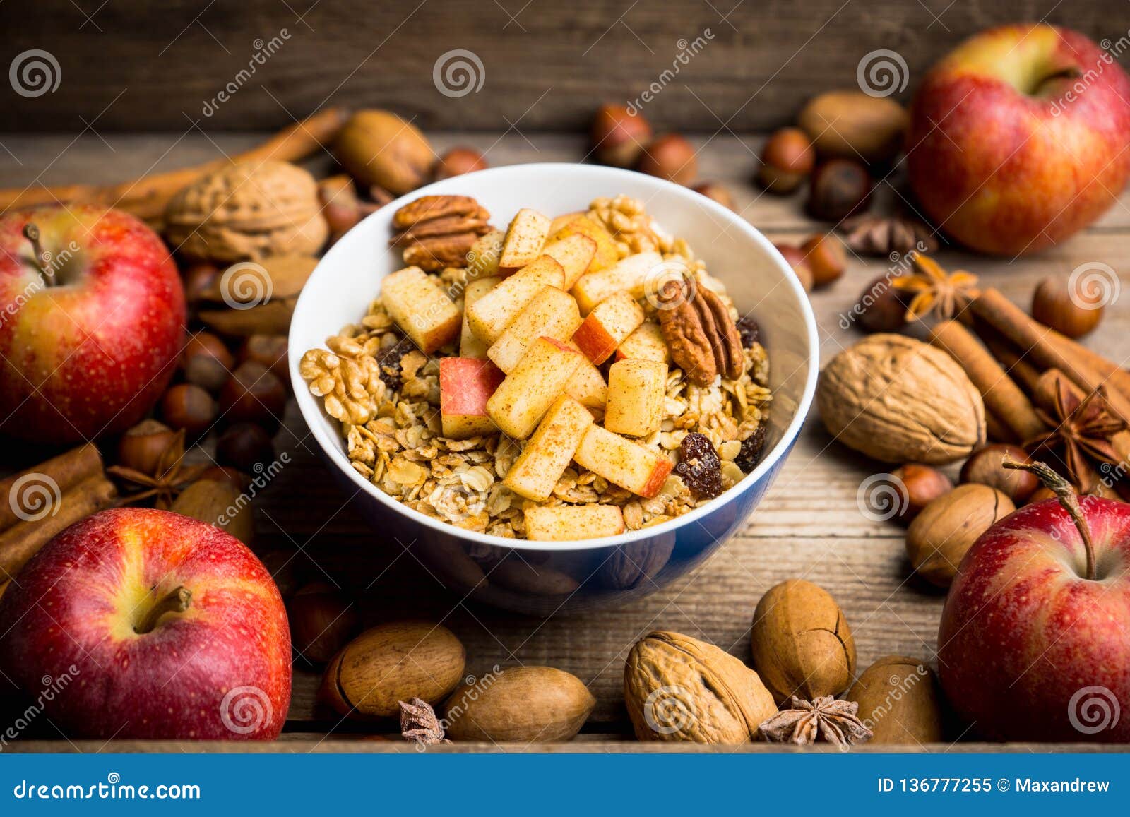Healthy and Tasty Breakfast with Muesli, Apples, Nuts and Cinnamon