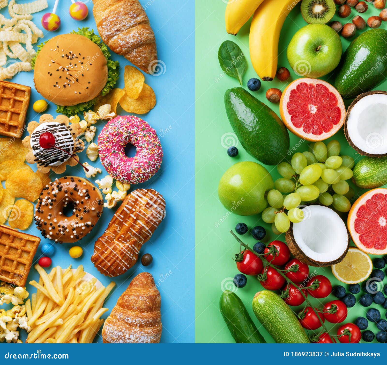 Healthy And Unhealthy Food Background From Fruits And Vegetables Vs