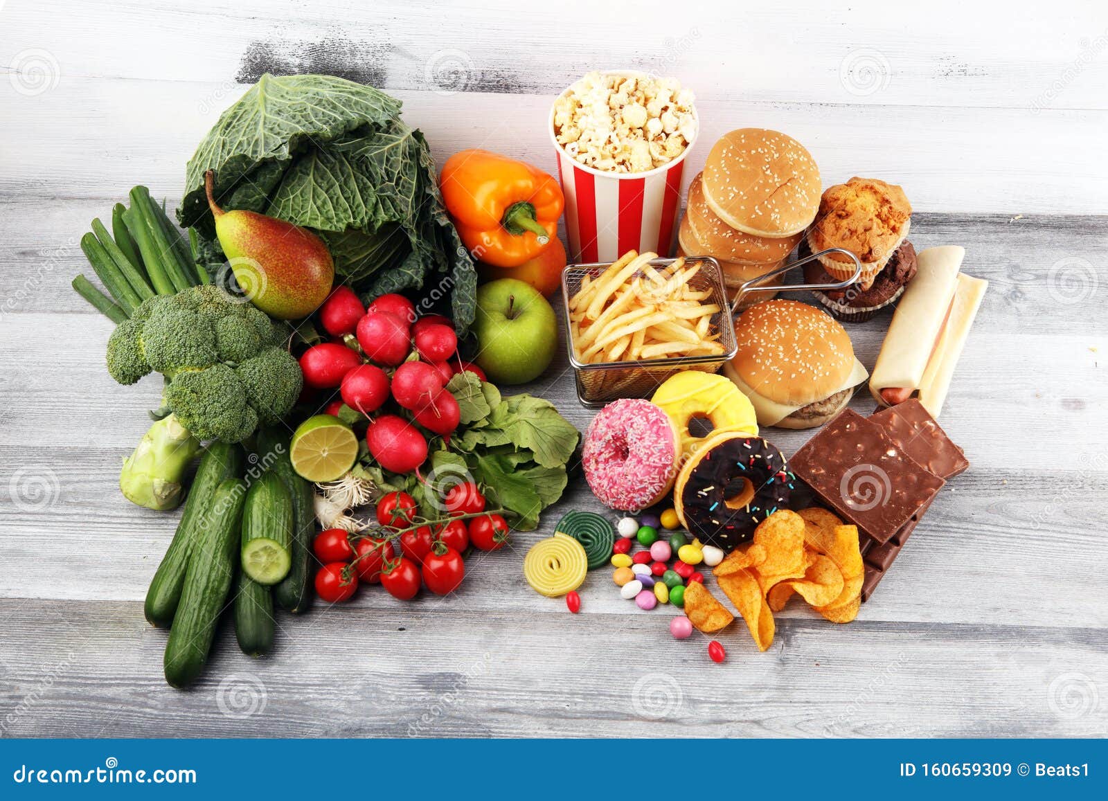 healthy or unhealthy food. concept photo of healthy and unhealthy food. fruits and vegetables vs donuts and fast food