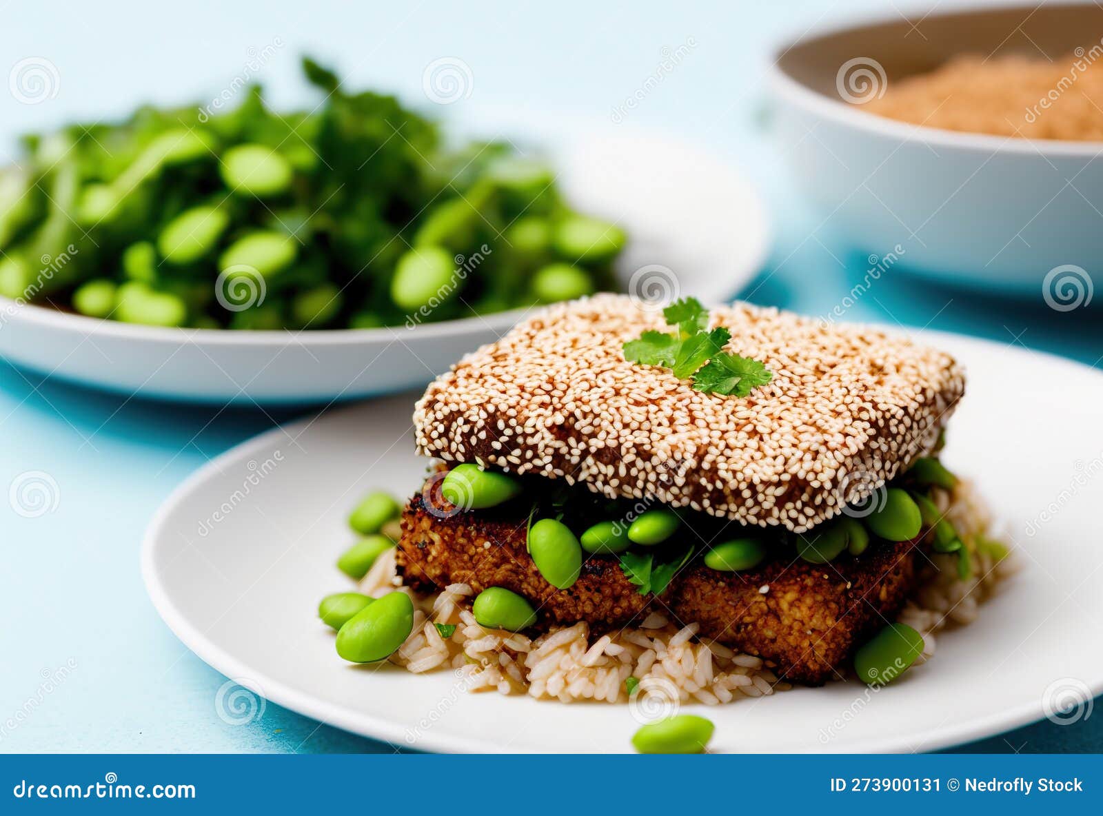 Healthy Vegan Food: Sesame Crusted Tofu, Edamame Beans, and Pak Choi