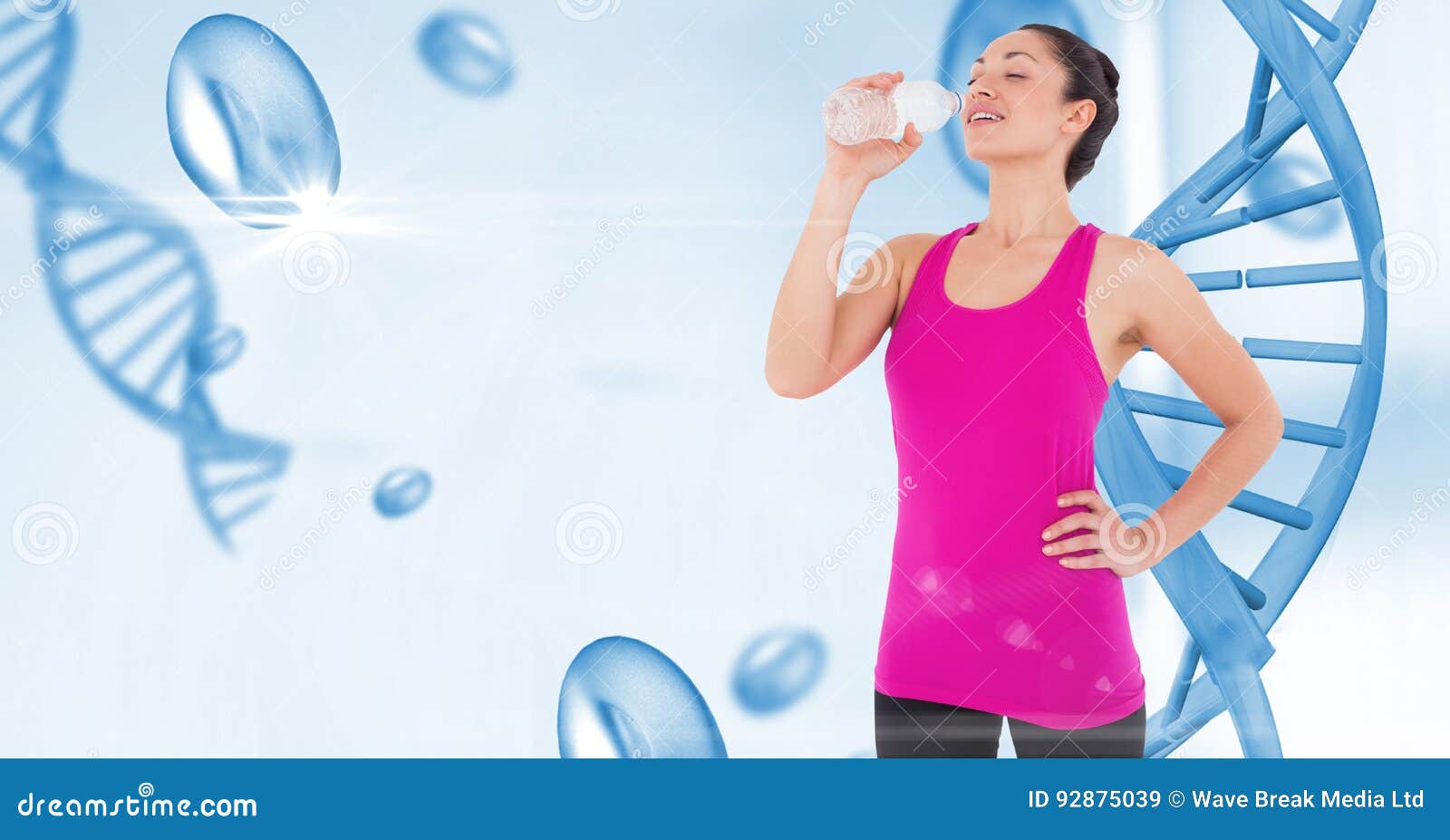 Digital composite of Healthy woman drinking water against DNA structures