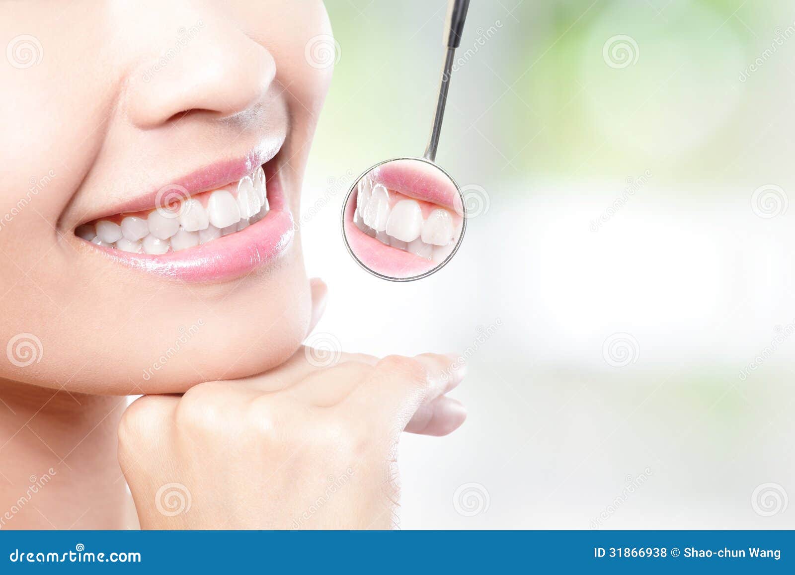 healthy woman teeth and dentist mouth mirror
