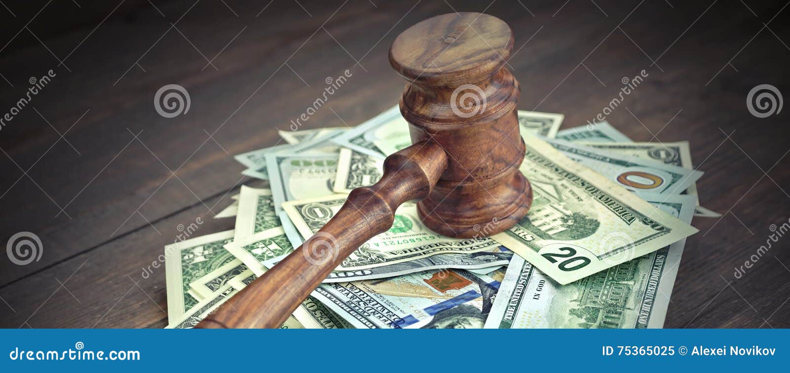 Heap Of Dollars With Judges Or Auctioneers Gavel Or Hammer. Stack Of Dollar Banknotes With Judges Or Auctioneers Gavel Or Hammer, Trial Or Tribunal Concept, Auction Concept, Close Up