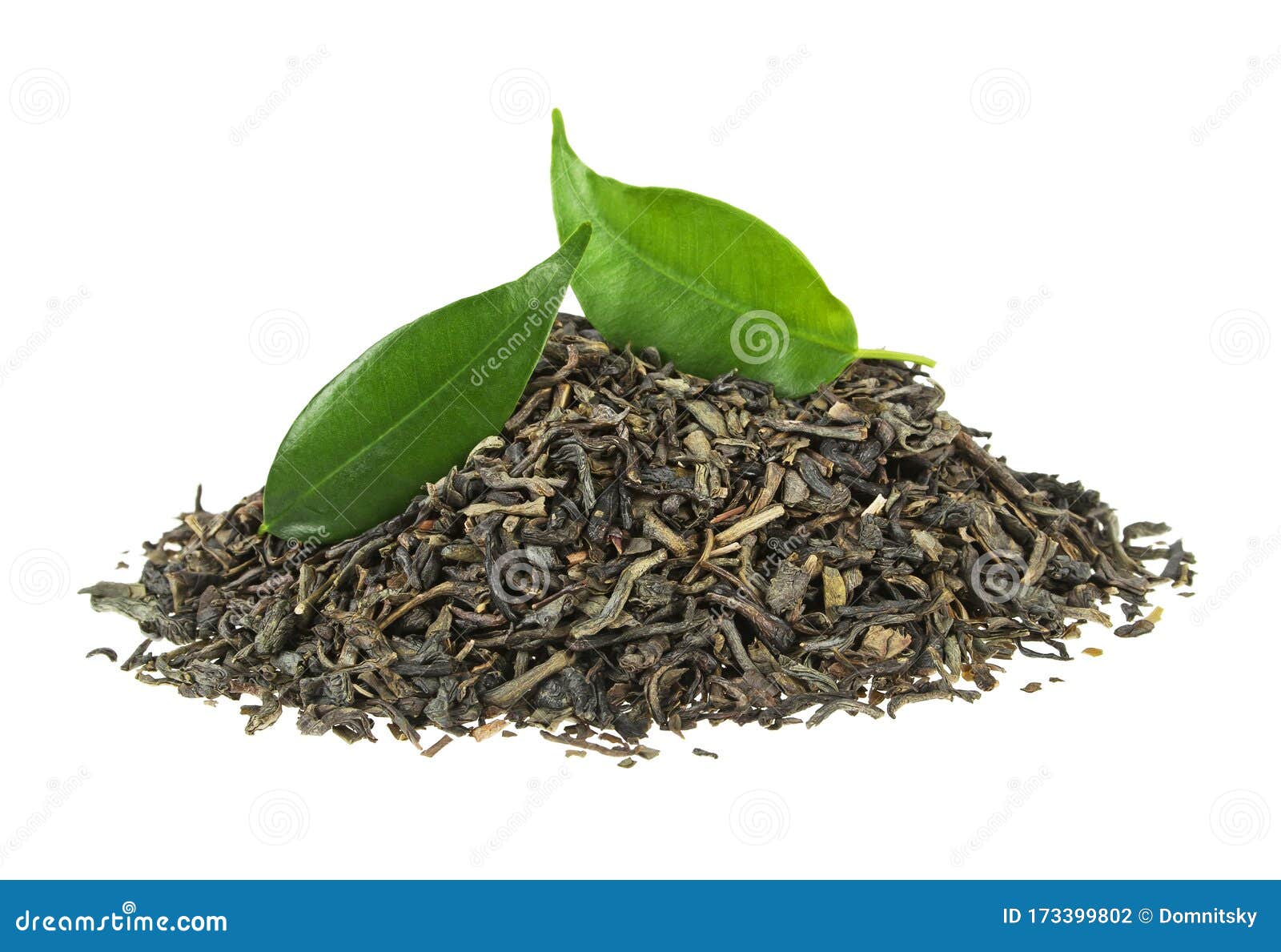 Heap of Dry Tea with Green Tea Leaves Isolated on White Background