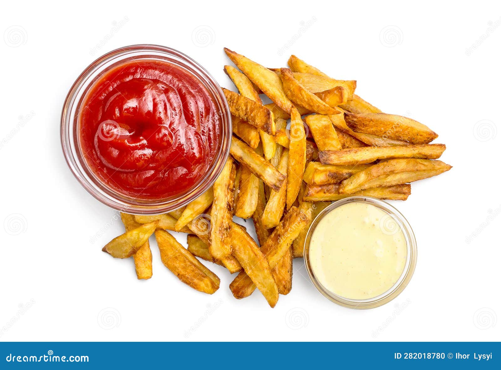 Heap of Fried Potato with Ketchup and Mayonnaise on White. Top View