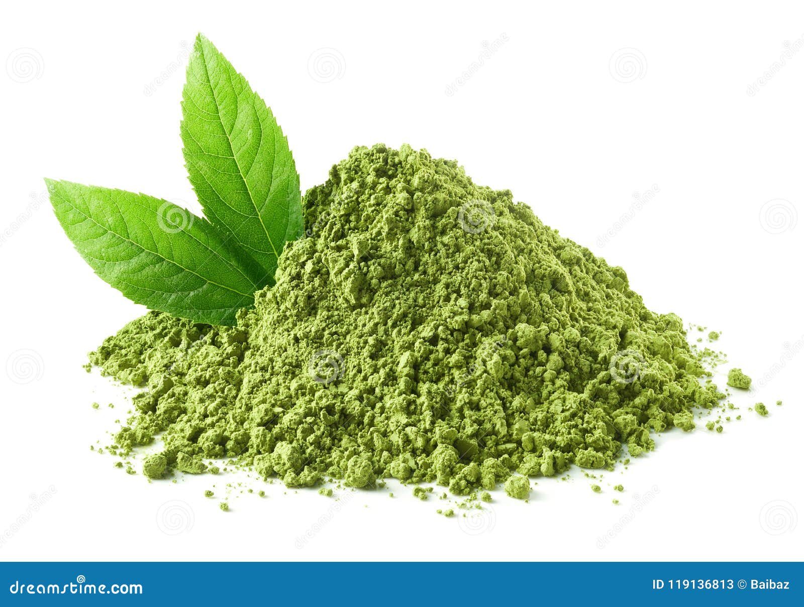heap of green matcha tea powder and leaves