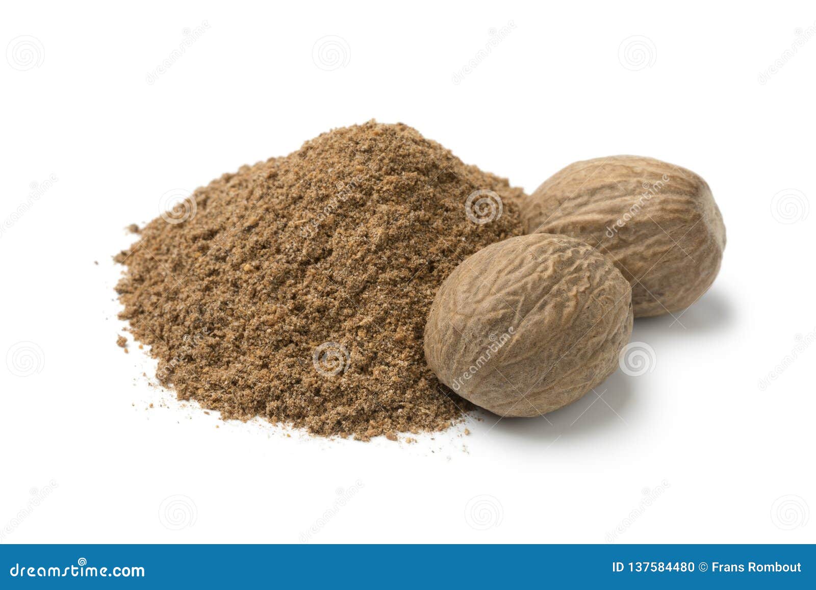Heap of Ground Nutmeg and Whole Nutmeg Seeds Stock Photo Image of