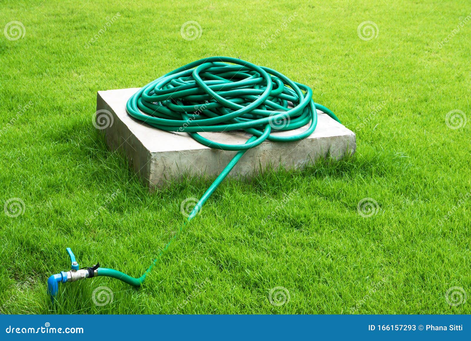 Heap Of Hose On Concrete Stand And Faucet With Grass Field