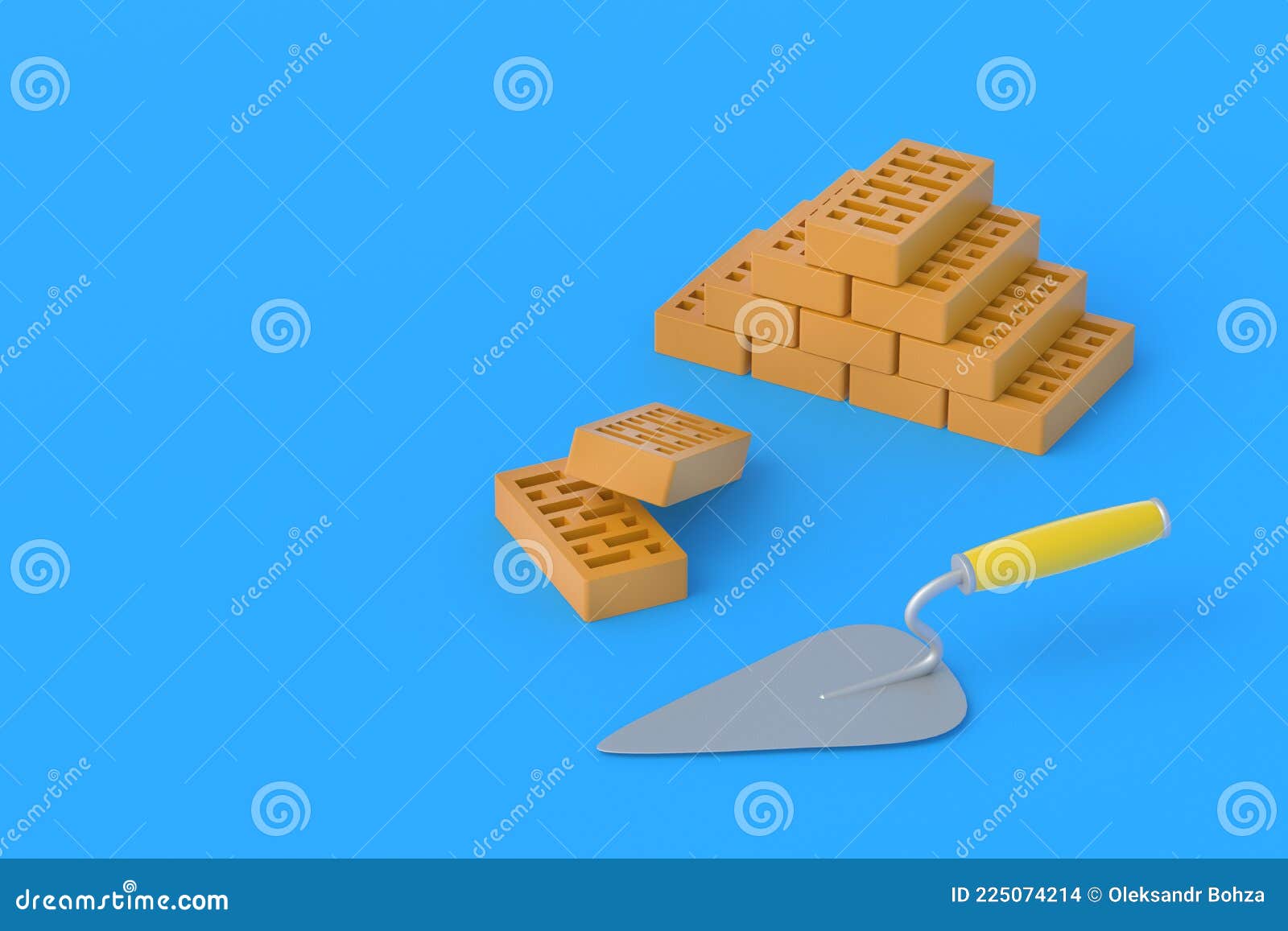 Heap Of Perforated Clay Bricks Near Trowel On Blue ...