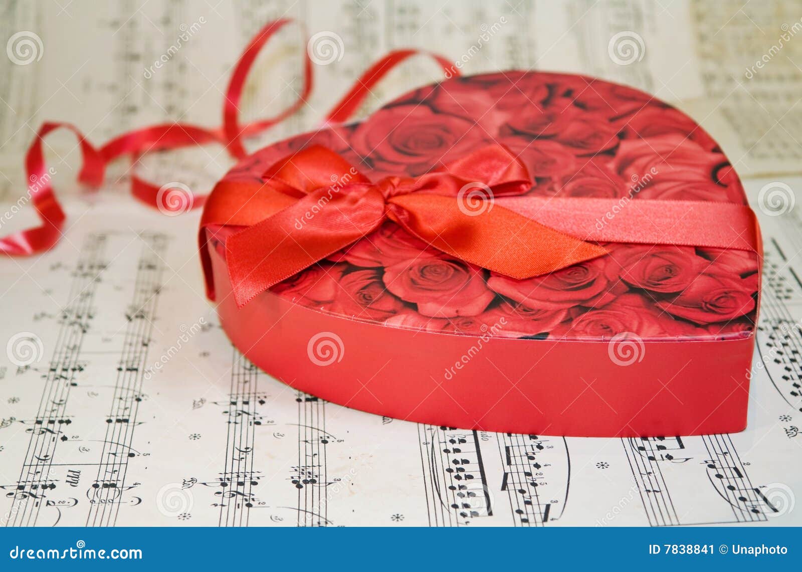 Heart Box of Chocolates Over Classic Music Notes Stock Image Image of