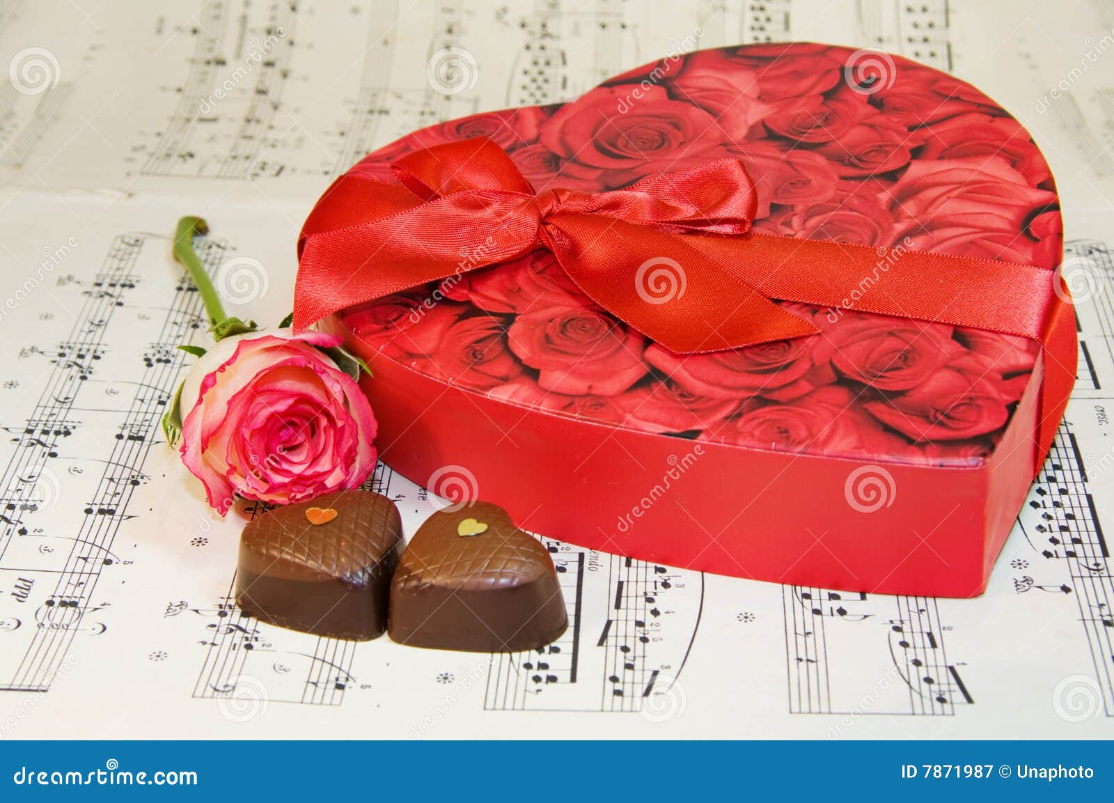 Heart Box of Chocolates with Rose Over Music Notes Stock Image Image