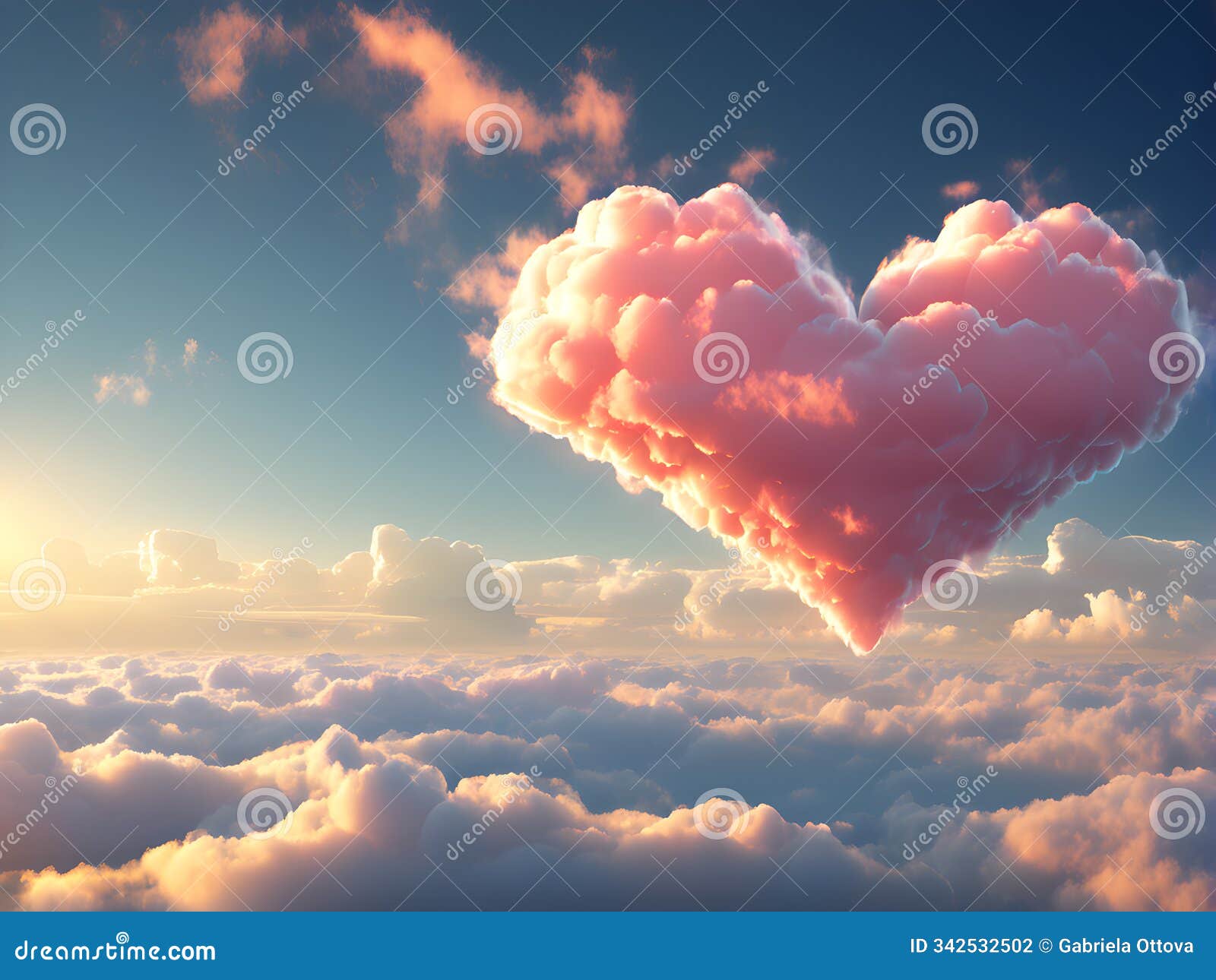heart from clouds in the sky at sunset. 3d ai .