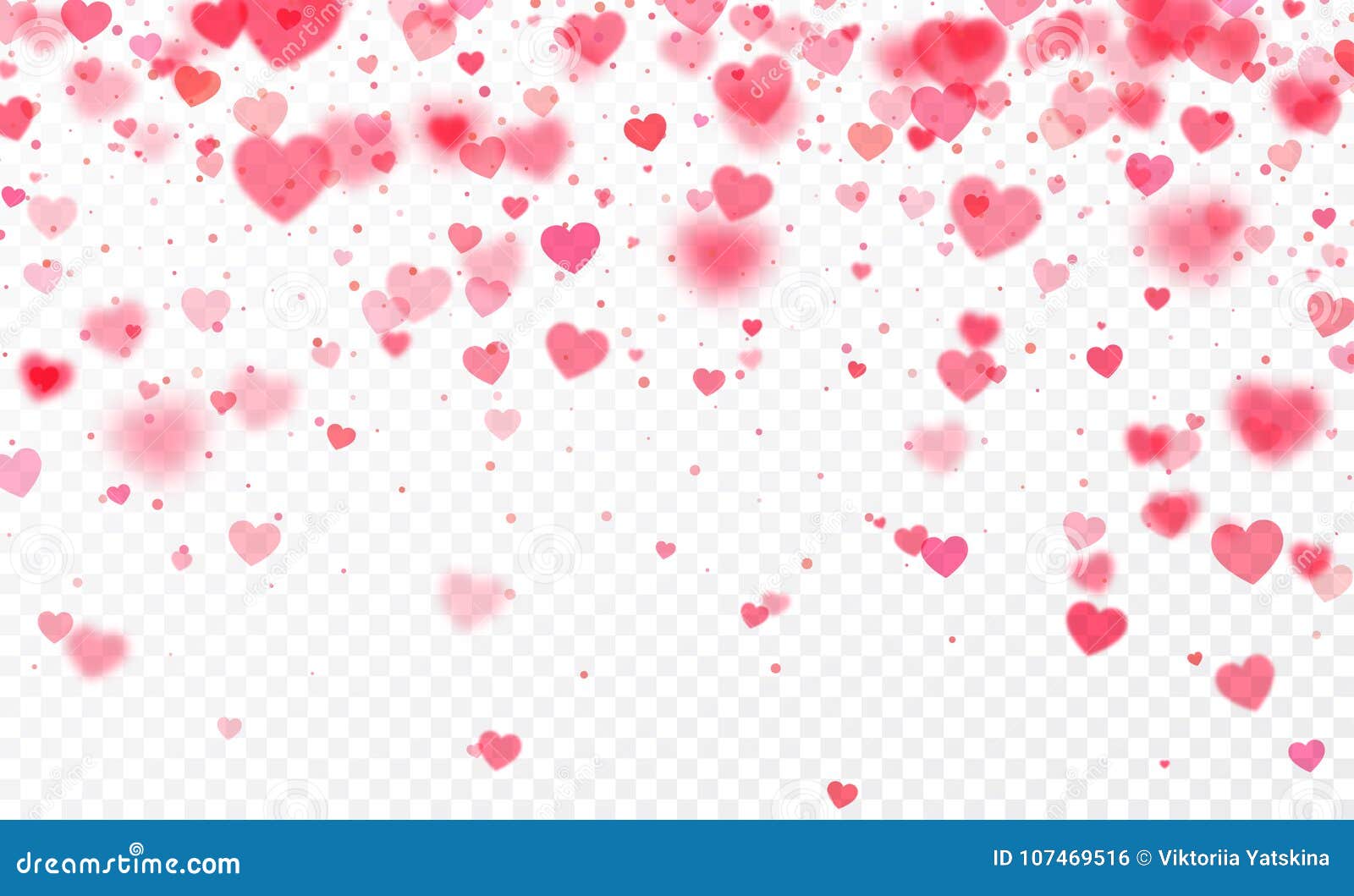 heart confetti falling on transparent background. valentines day card template.  