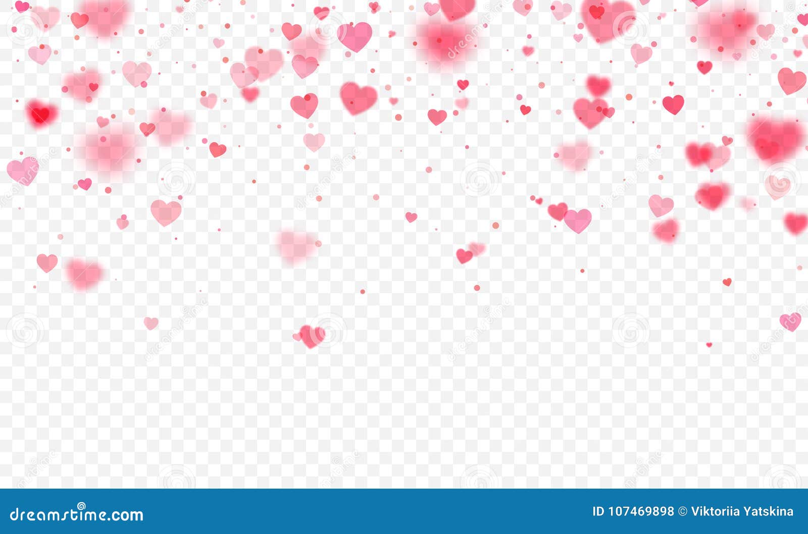 heart confetti falling on transparent background. valentines day card template.  