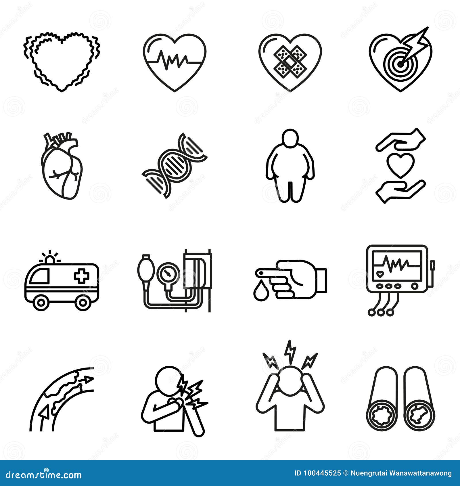 heart disease, heart attack and symptoms icons set.