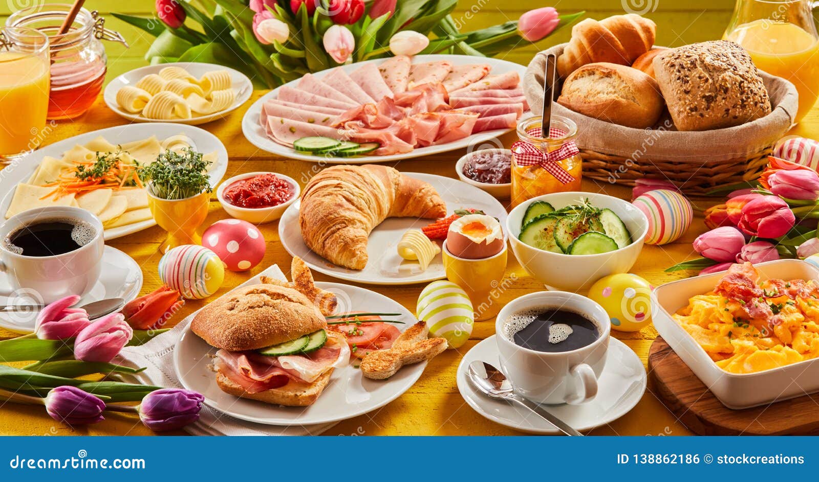 Heart Easter Breakfast with Eggs and Tulips Stock Photo - Image of ...