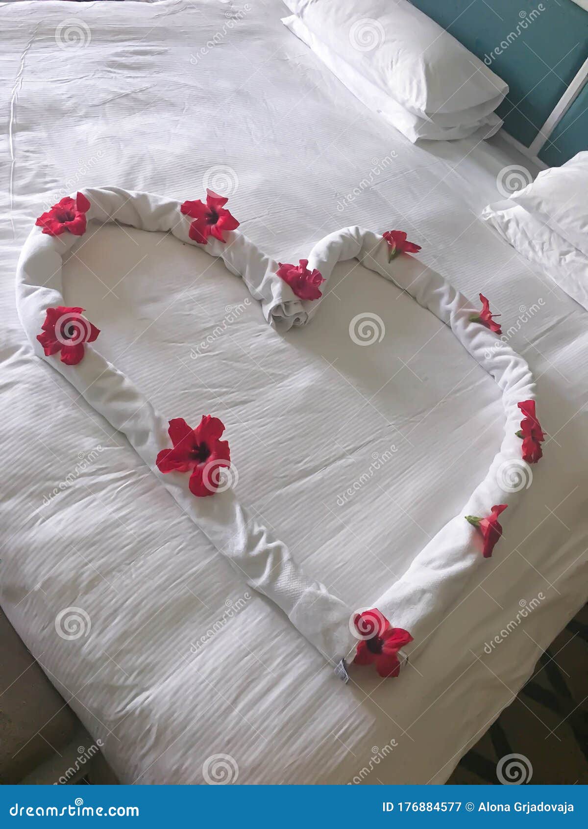 Heart with Flowers Decor on a Bed in Hotel Room Stock Image Image of