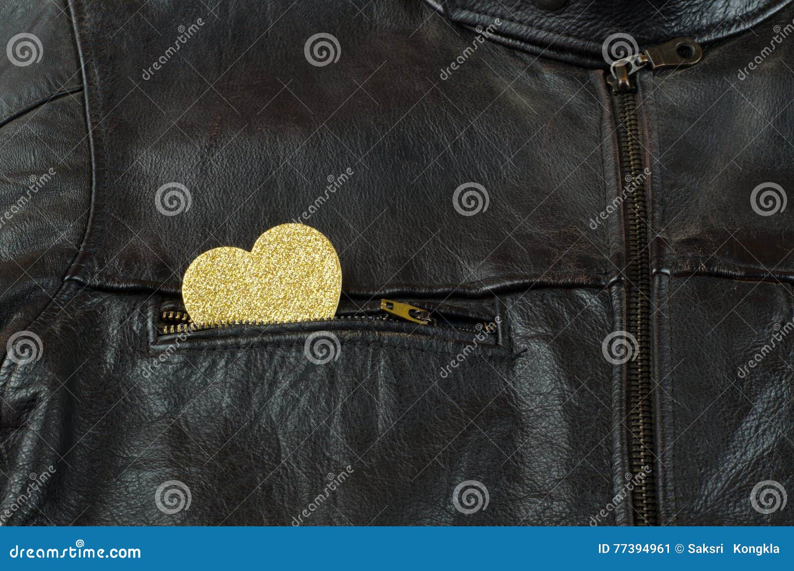 Heart of Gold on Black Leather Jacket Stock Image Image of metal