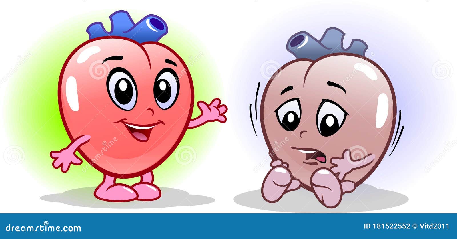 heart human internal organ healthy vs unhealthy, medical anatomic funny cartoon character pair in comparison happy against sick an