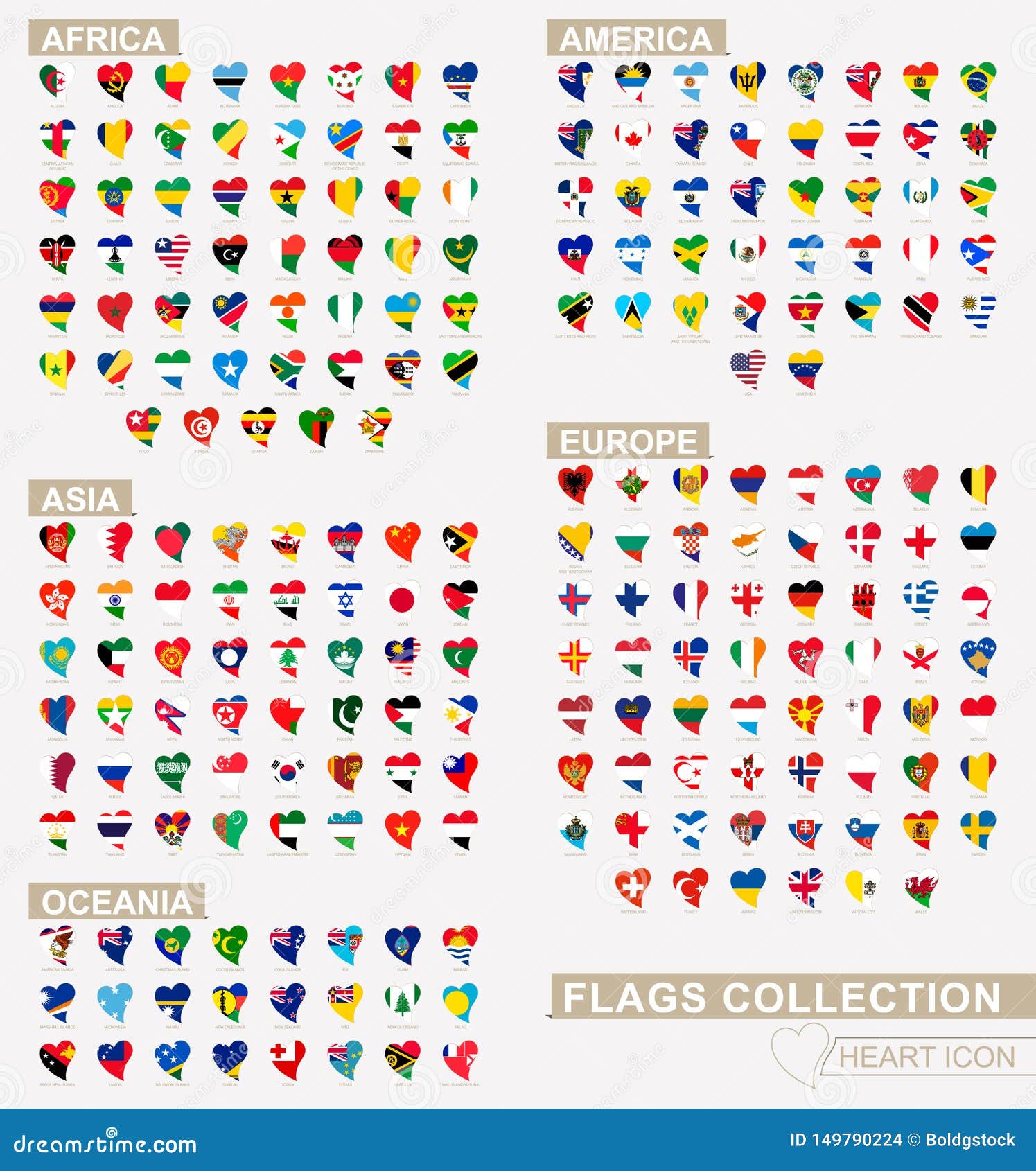 Heart Icon Set with the Flags of the World, Flags Sorted Alphabetical