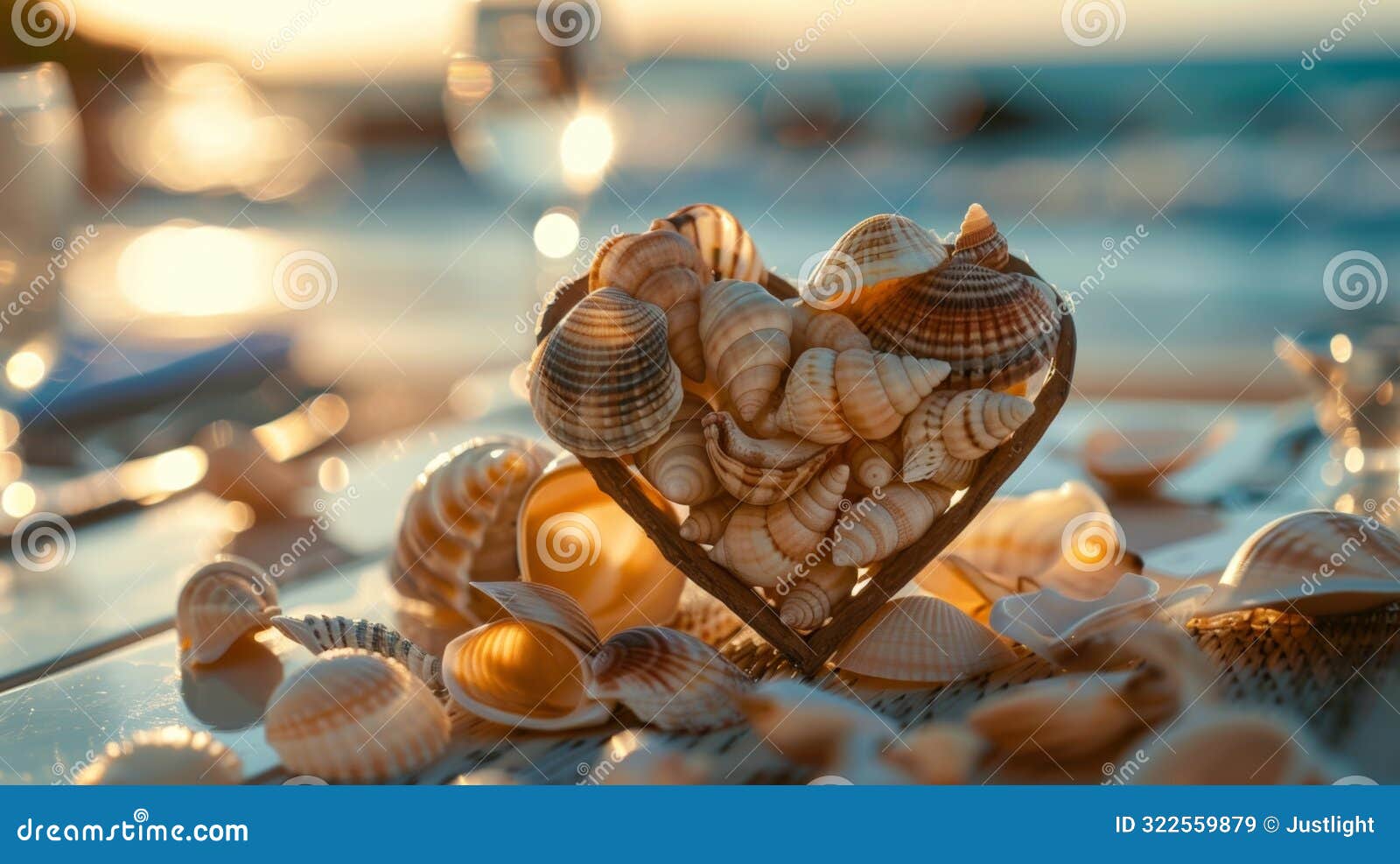 a heart made of seashells is a charming addition to the table adding a touch of sentimentality to the couples already