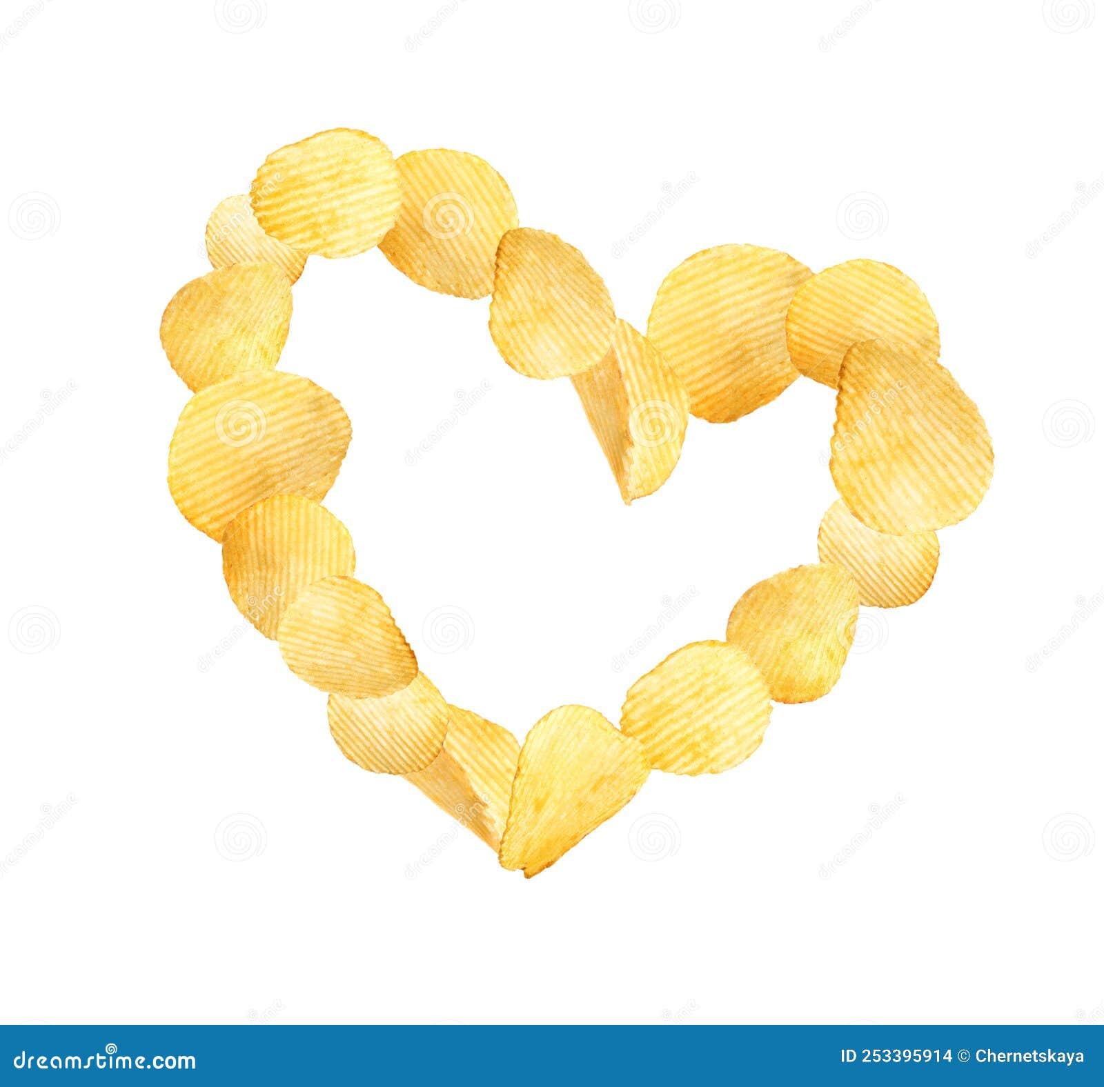 Heart Made of Tasty Potato Chips on White Background Stock Photo