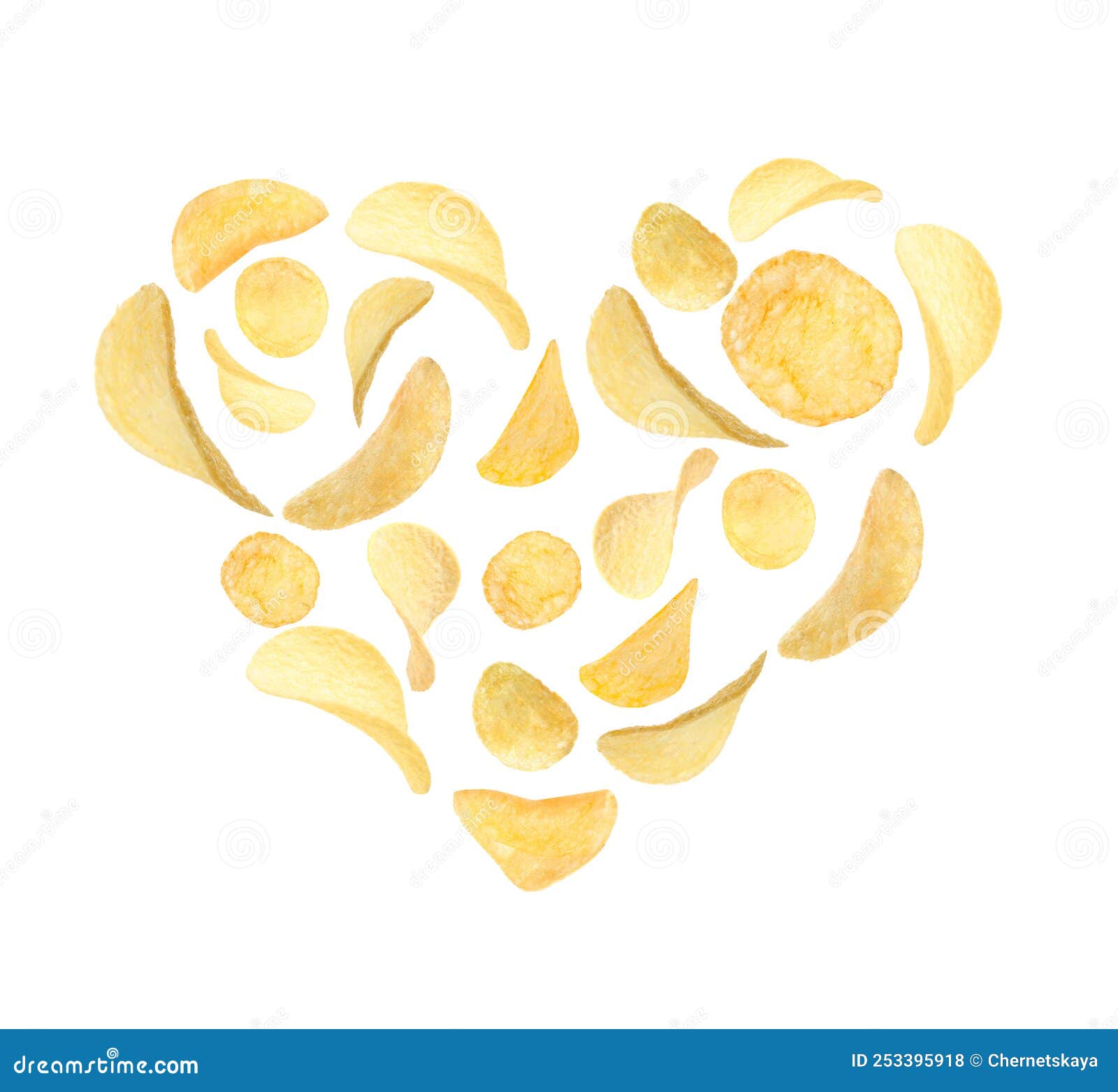 Heart Made of Tasty Potato Chips on White Background Stock Photo