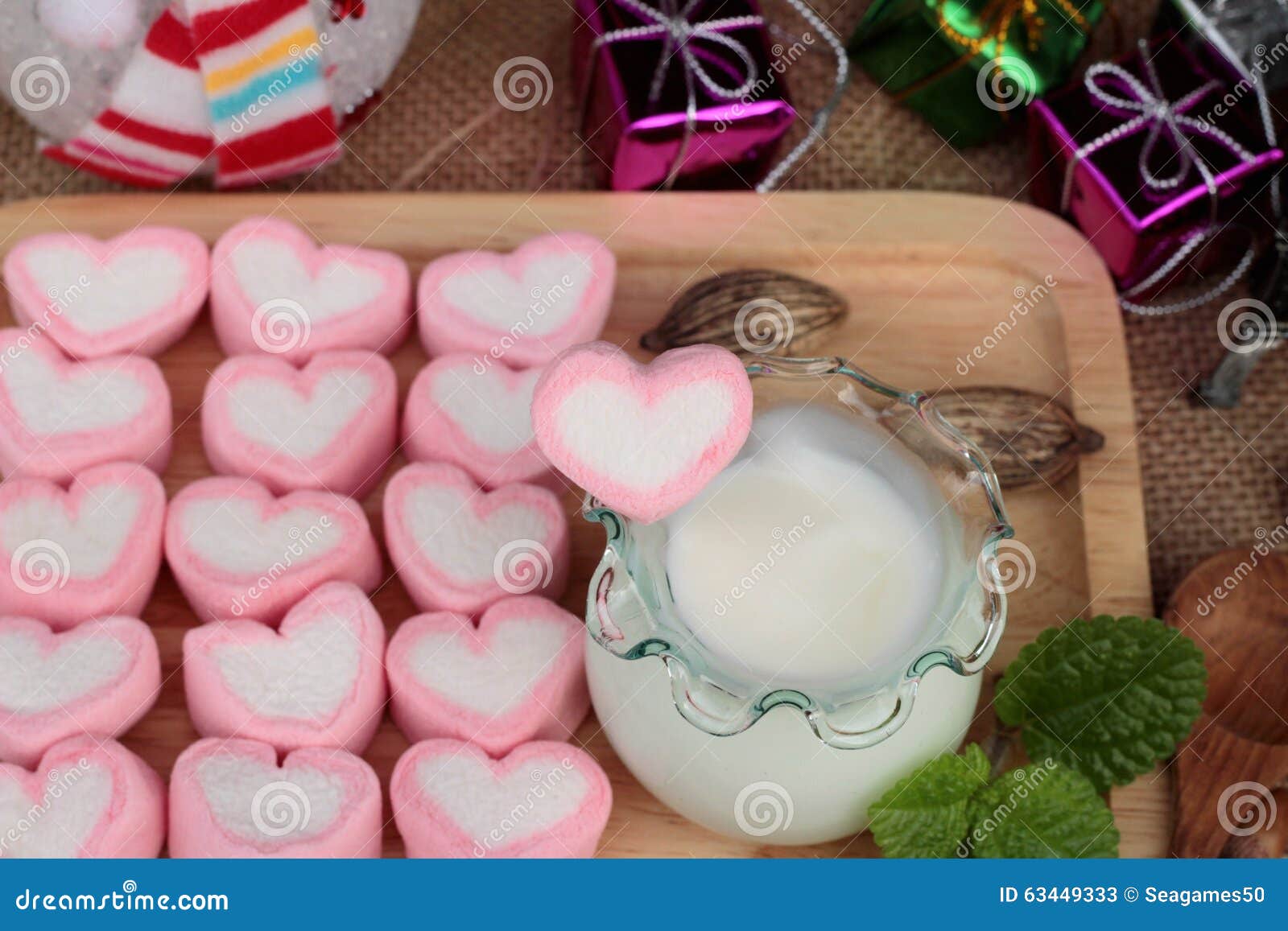 Heart Pink Marshmallow Sweet with Yoghurt Delicious. Stock Image