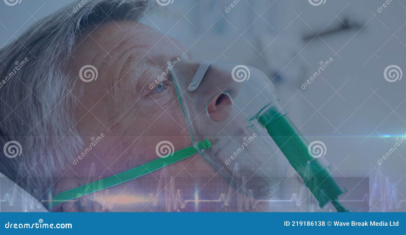 heart rate over a senior man in an oxygen mask, healthcare concept