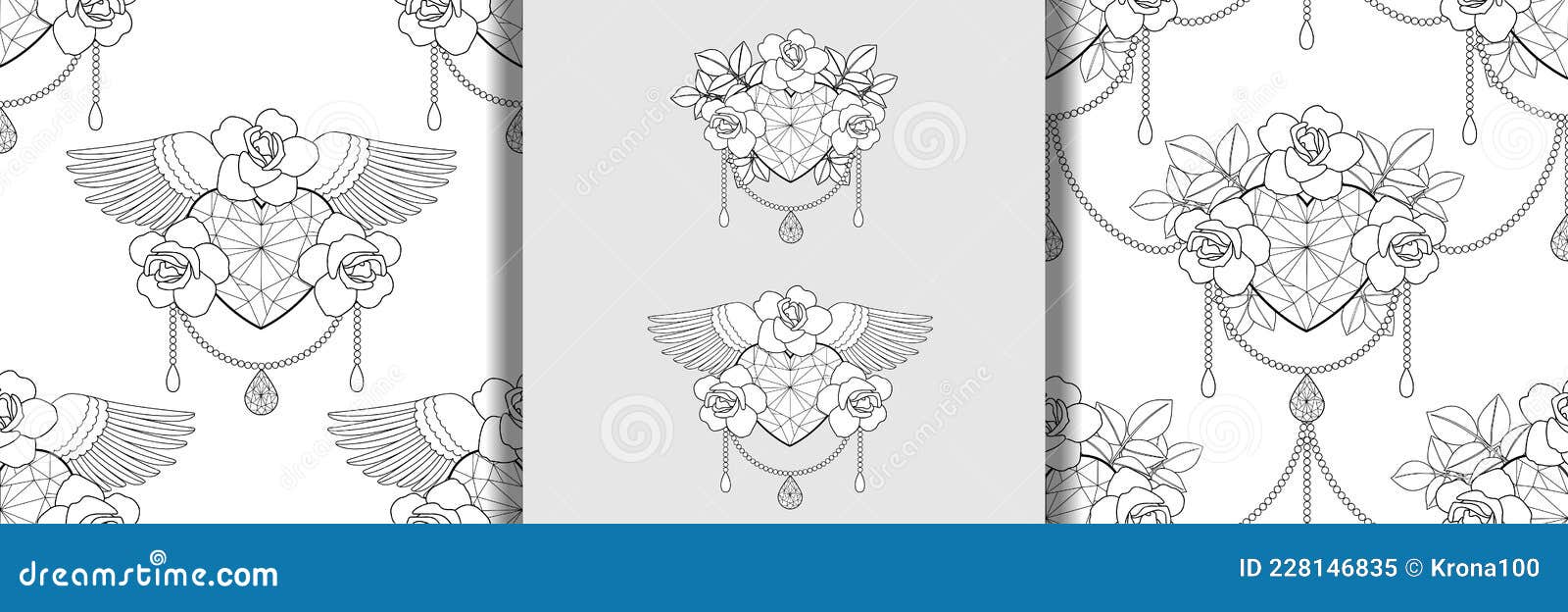 heart and roses  outline prints and seamless patterns set
