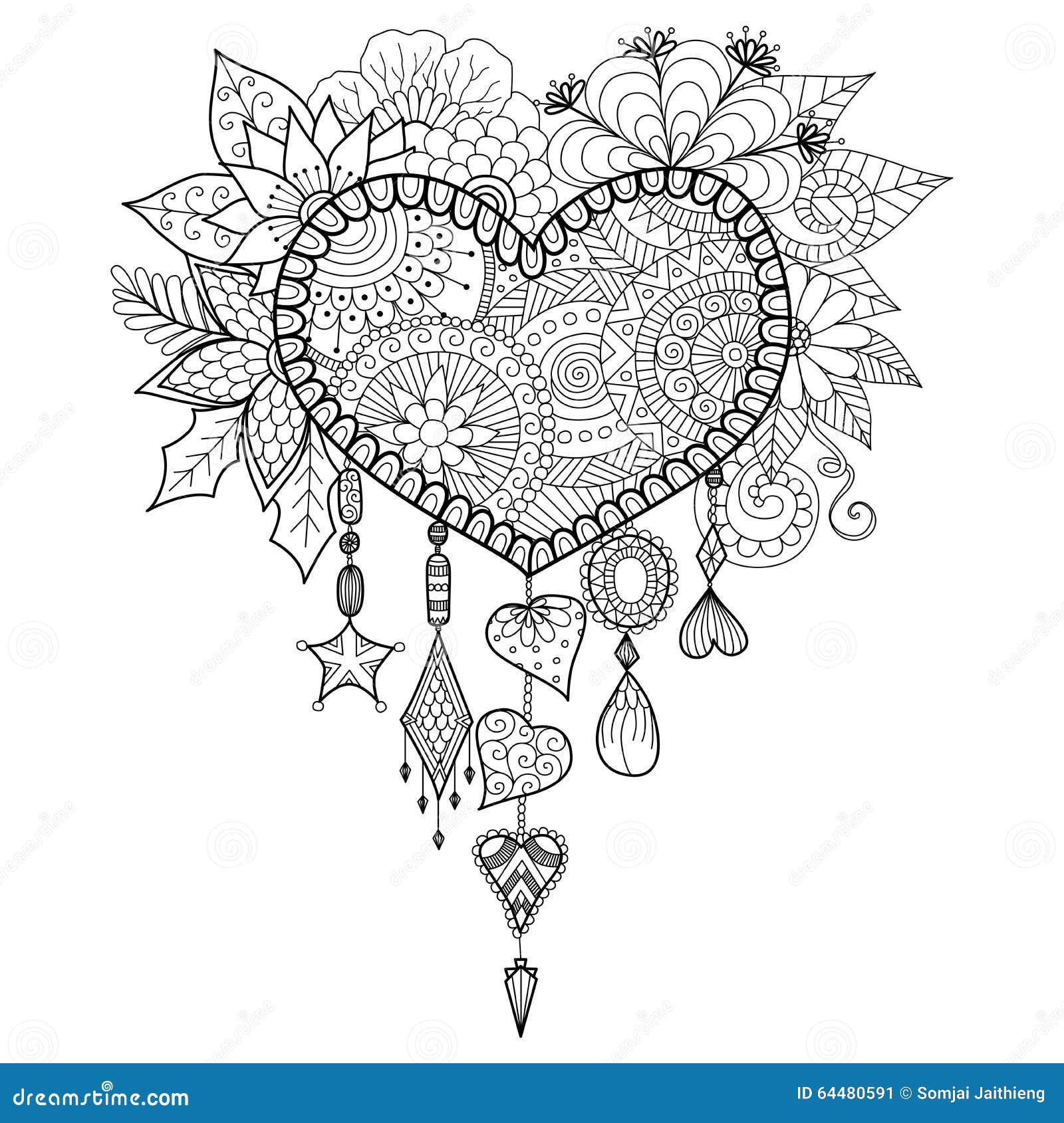 Heart shape floral dream catcher for coloring book for adult