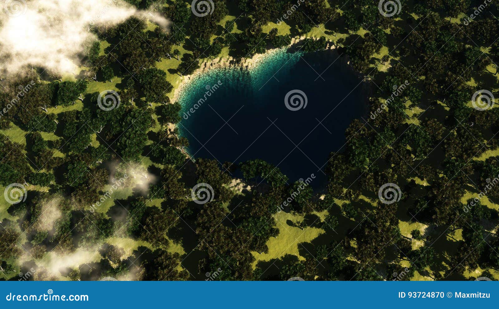 Heart shape lake seen from above between trees. 3D iilustration