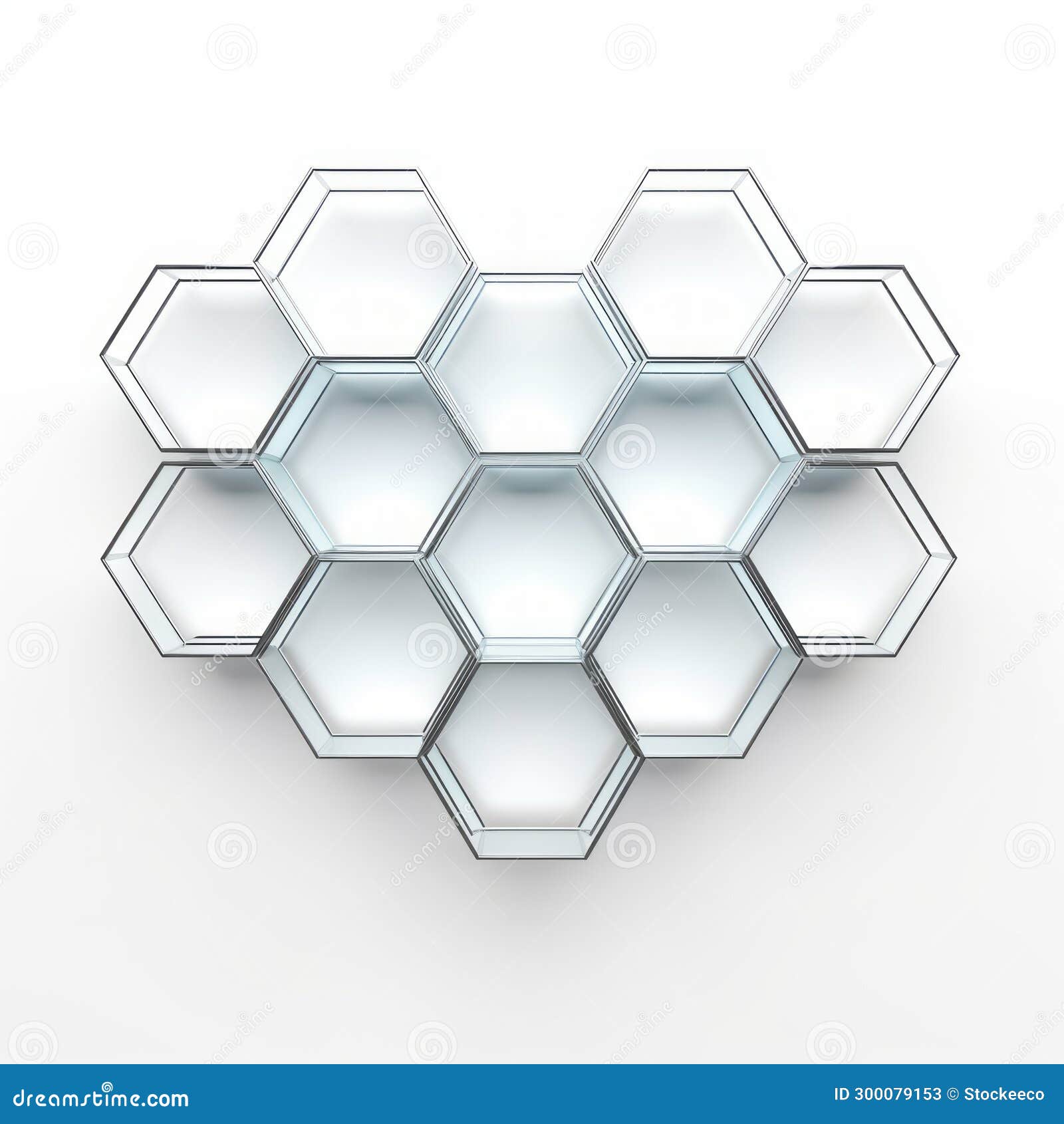 minimalist heart glass sculpture with hexagons on white background