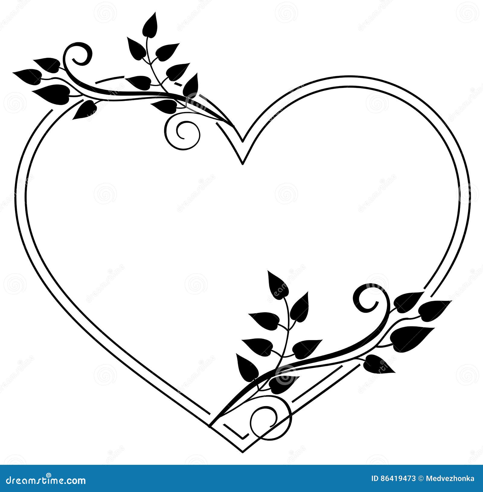 Heart Shaped Black And White Frame With Floral Silhouettes Raster Clip Art Stock Illustration Illustration Of Clipart Deco