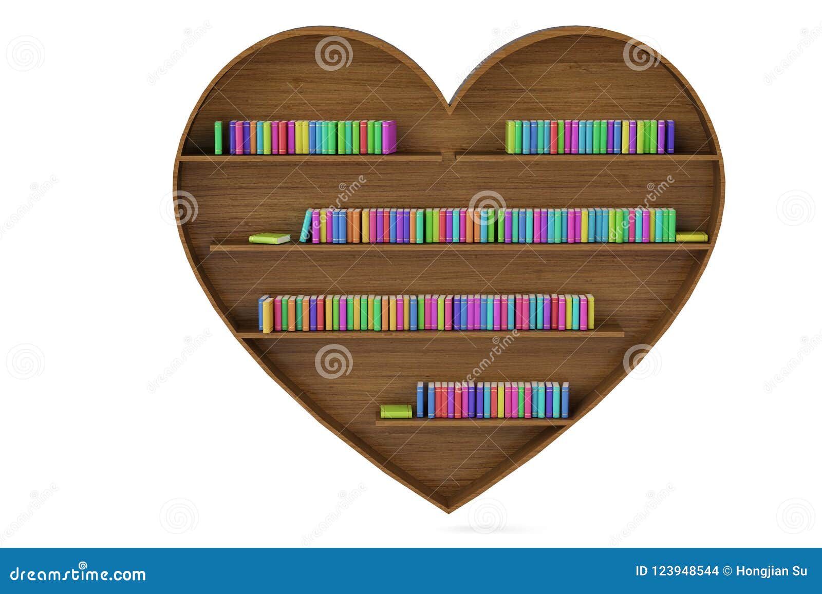 Heart Shaped Bookshelf and Colorful Book Stacks on White Background.3D ...
