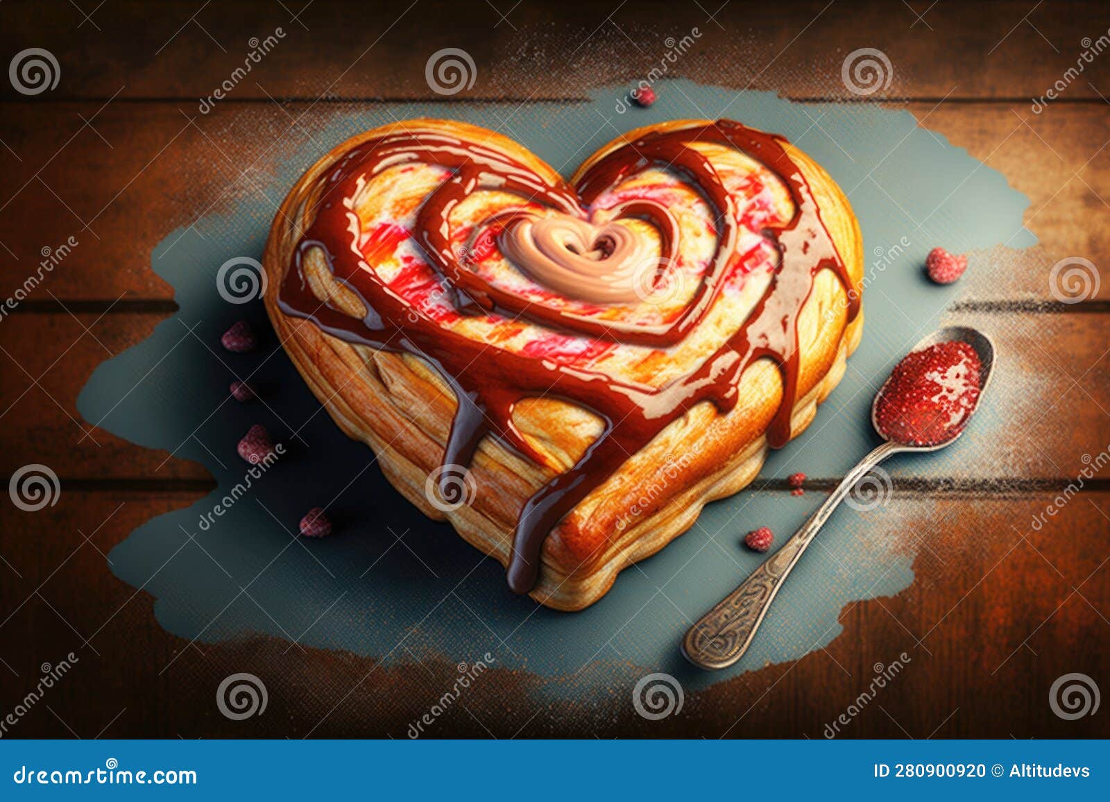 Heartshaped Cinnamon Roll, with Drizzle of Icing and Heart Decorations