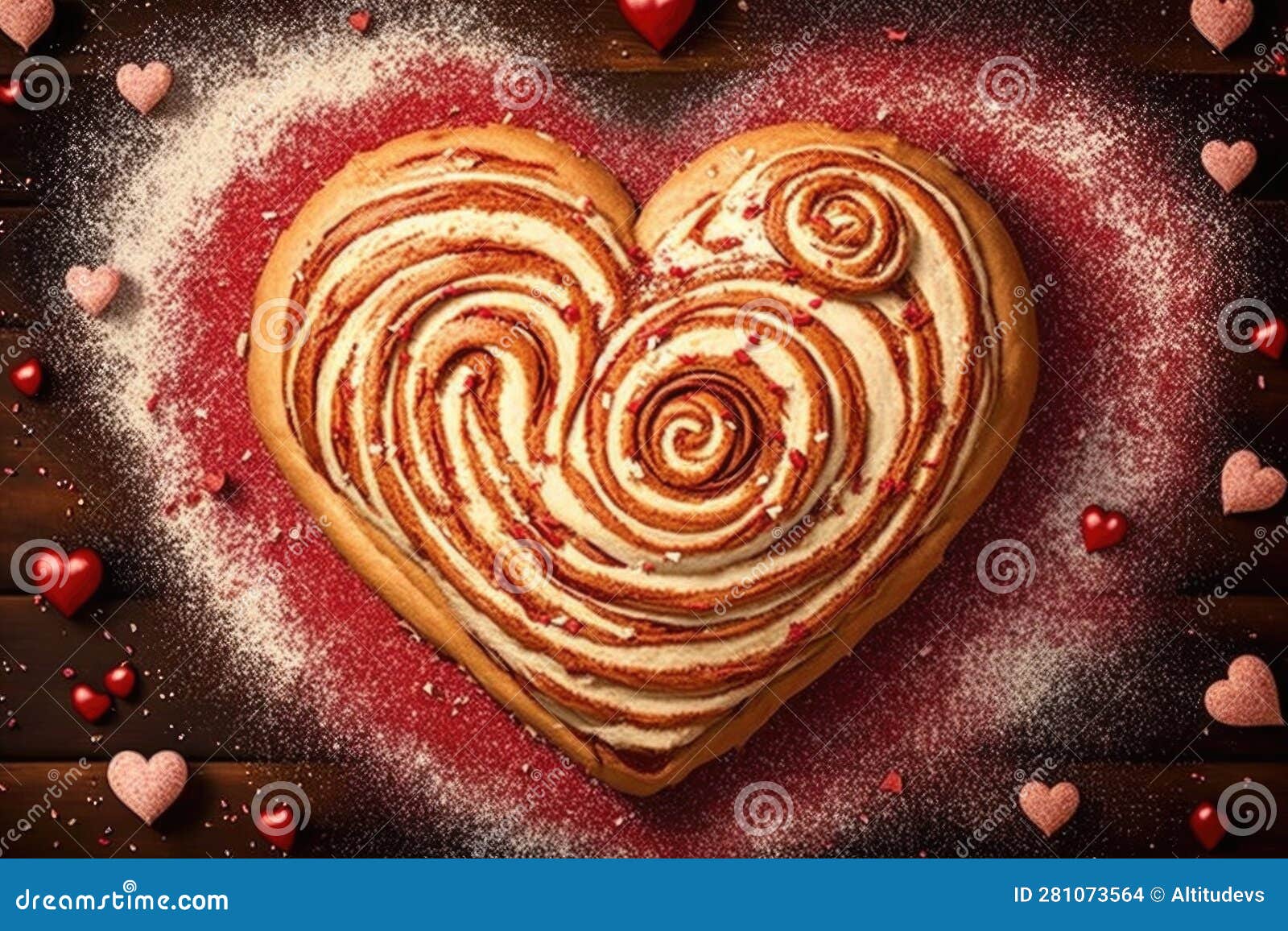 Heartshaped Cinnamon Roll Surrounded by Heartshaped Sprinkles Stock
