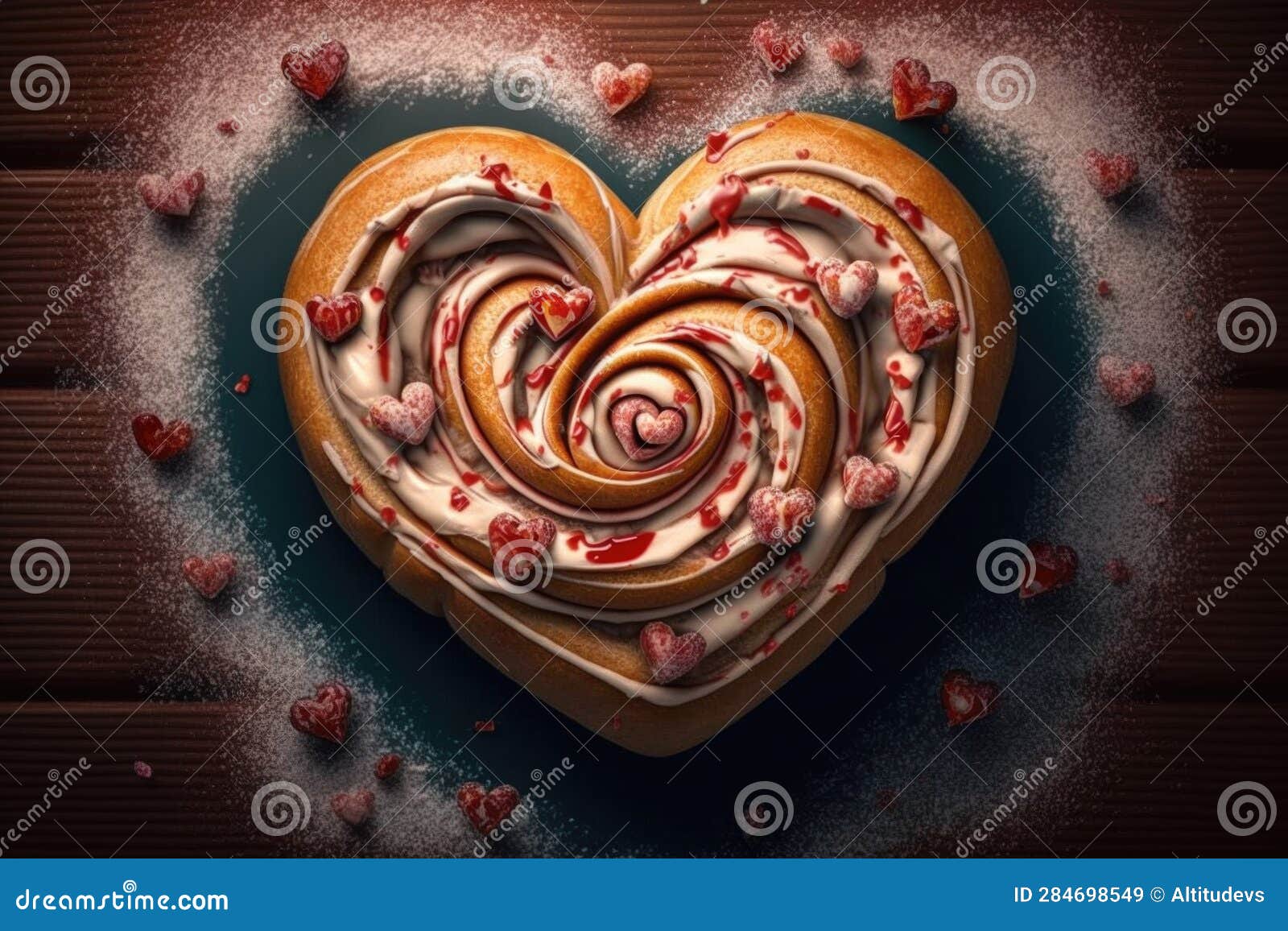 Heartshaped Cinnamon Roll Surrounded by Heartshaped Sprinkles Stock