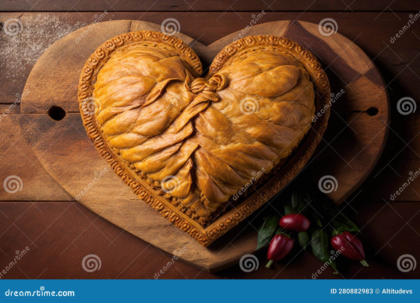 Heartshaped Empanada on Wooden Board, Ready for Slicing Stock