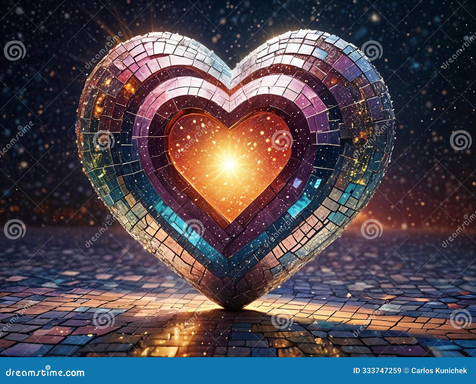 a heart-d figure made of a sparkling material, positioned centrally against a backdrop of a starry sky, illuminated from