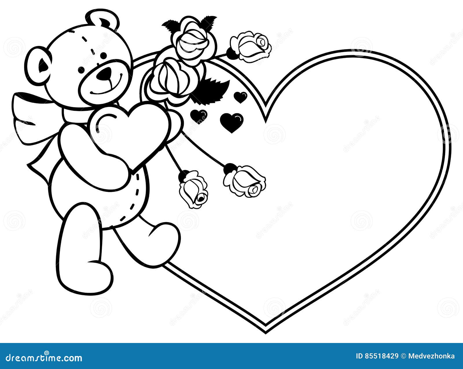 Heart Shaped Frame With Outline Roses Teddy Bear Holding Heart