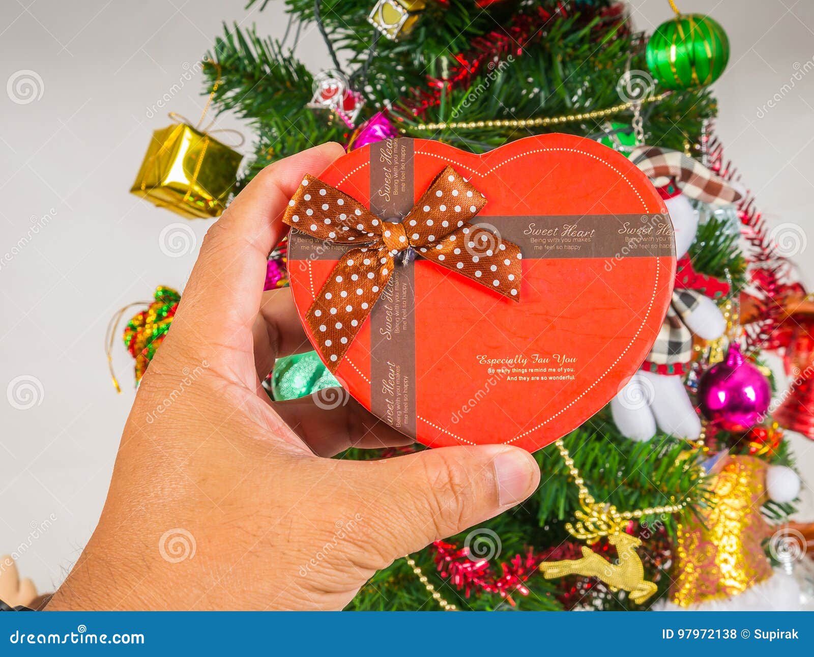 Heart Shaped Gift Box Hand Christmas Tree Background Stock Photos