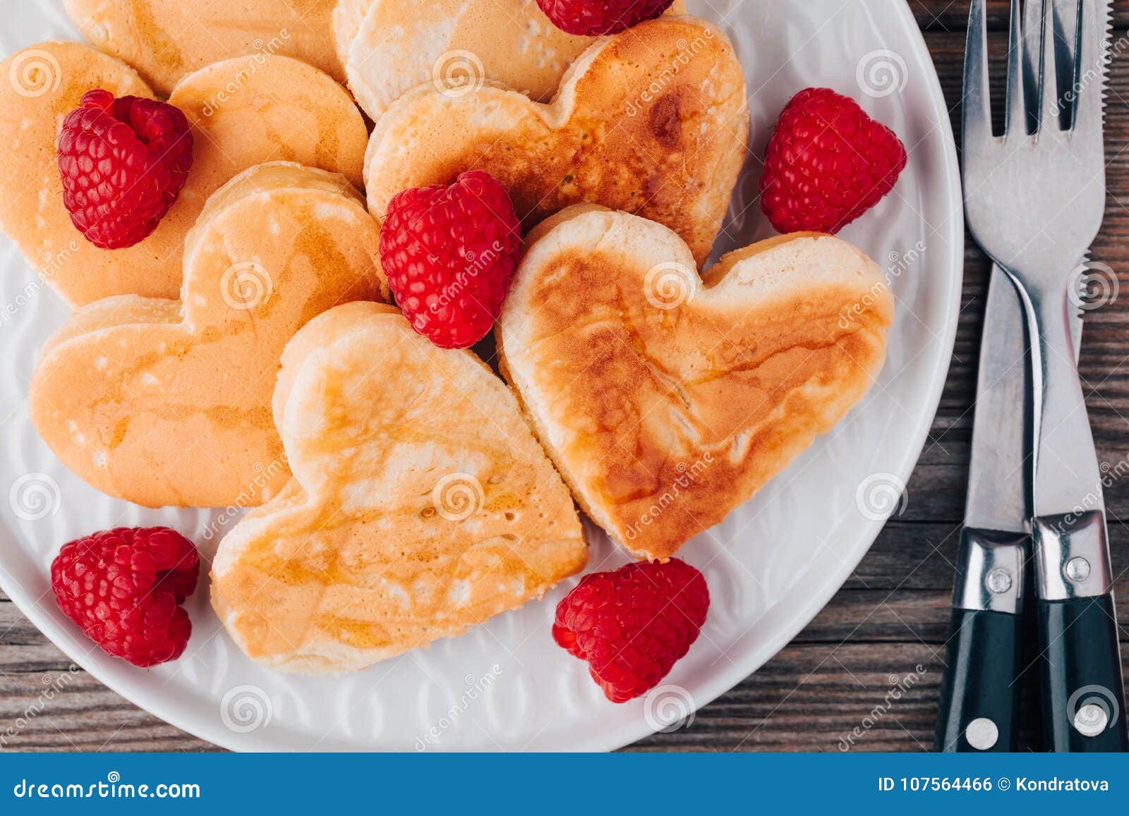 Heart Shaped Pancakes with Raspberries and Honey for St. Valentine`s ...